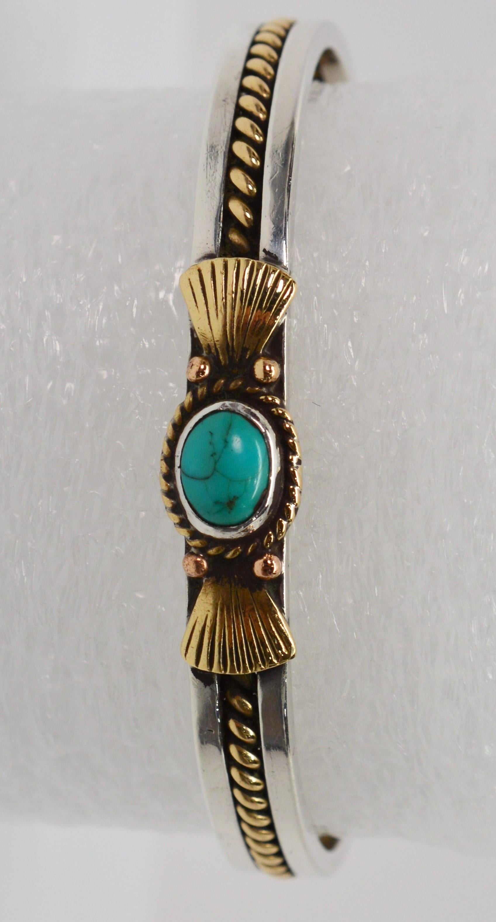 Cabochon Turquoise Sterling Silver with Gold Cuff Bracelet