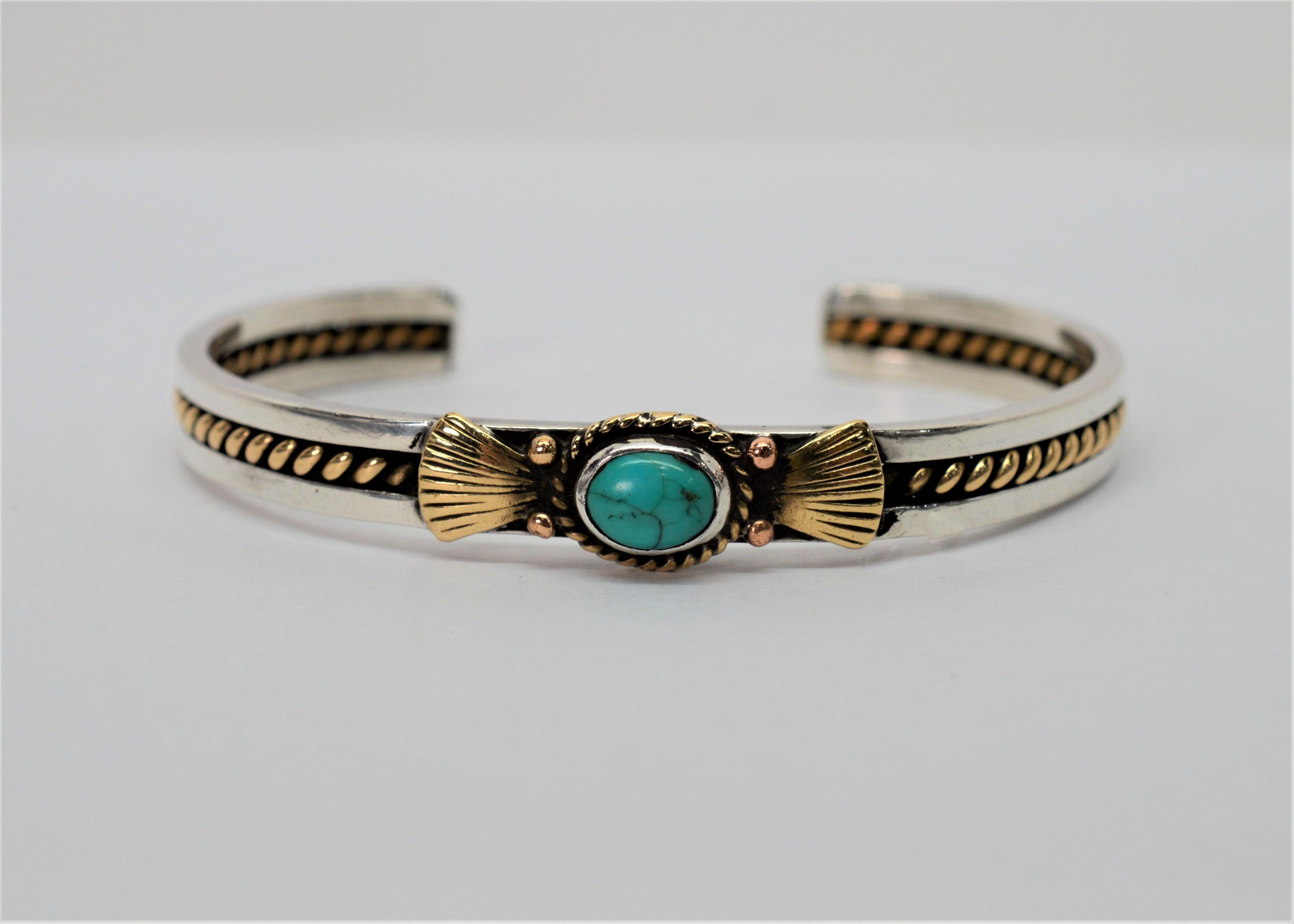 Turquoise Sterling Silver with Gold Cuff Bracelet In Fair Condition In Mount Kisco, NY
