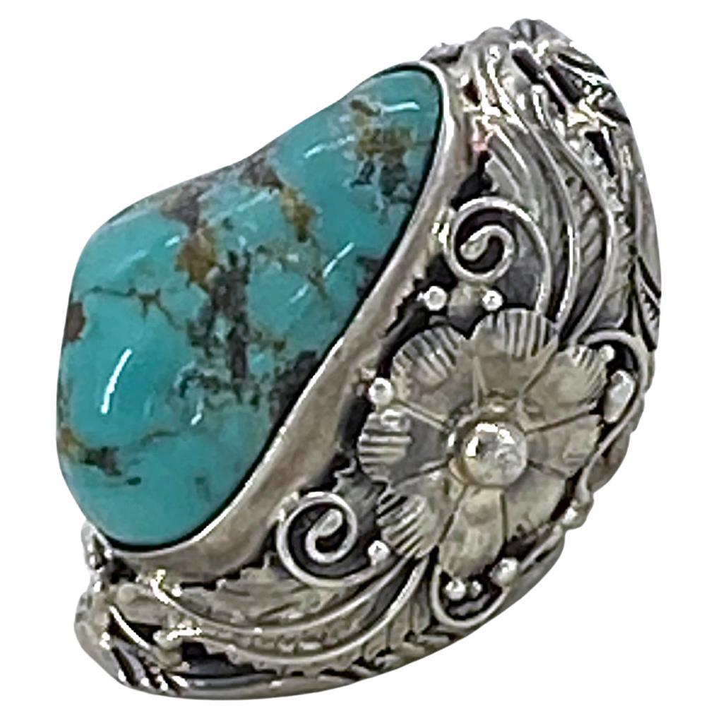 Uncut Turquoise Sterling Statement Ring For Sale