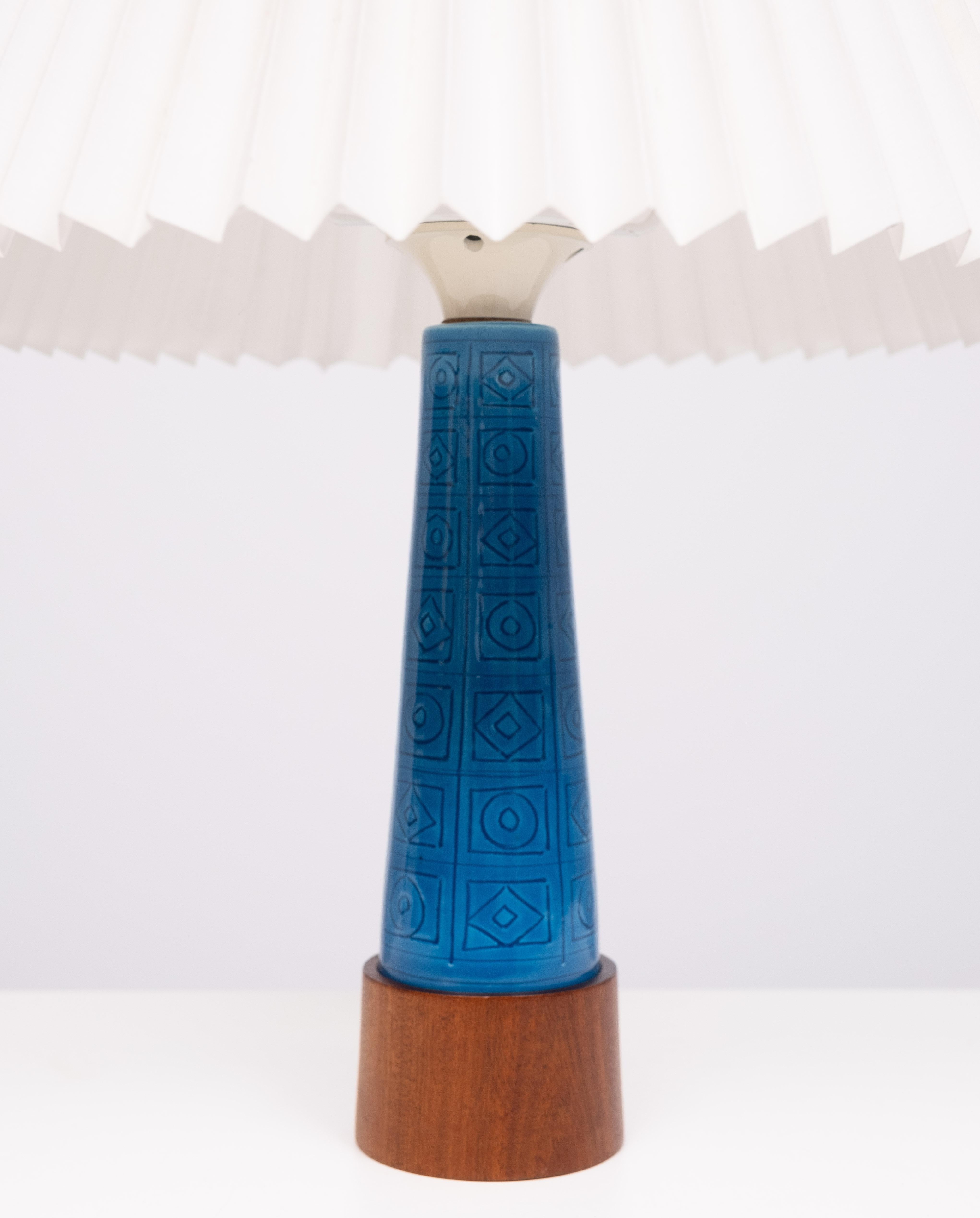 Danish Turquoise Stoneware  Table Lamp Teak base  1960s For Sale