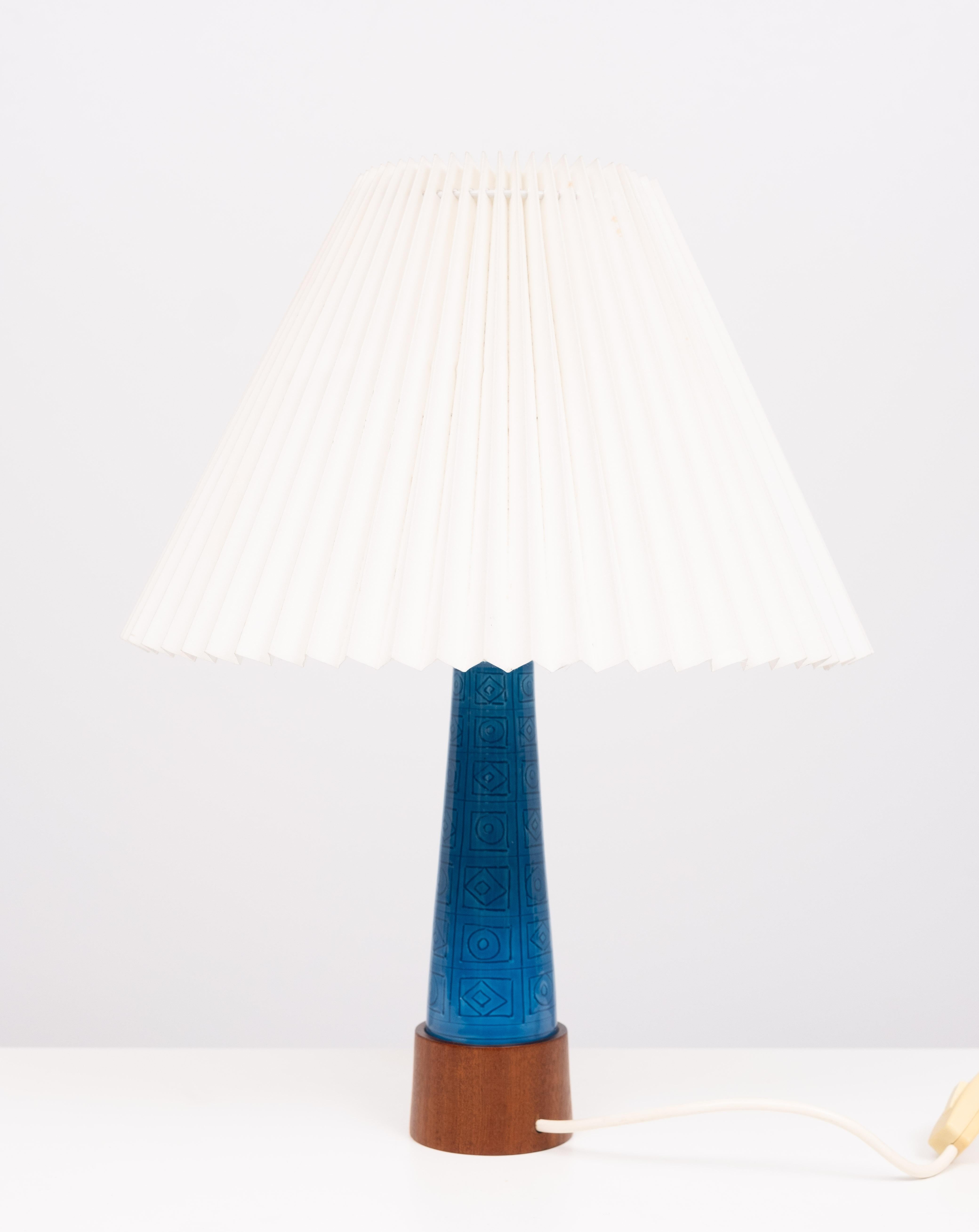 Mid-20th Century Turquoise Stoneware  Table Lamp Teak base  1960s For Sale