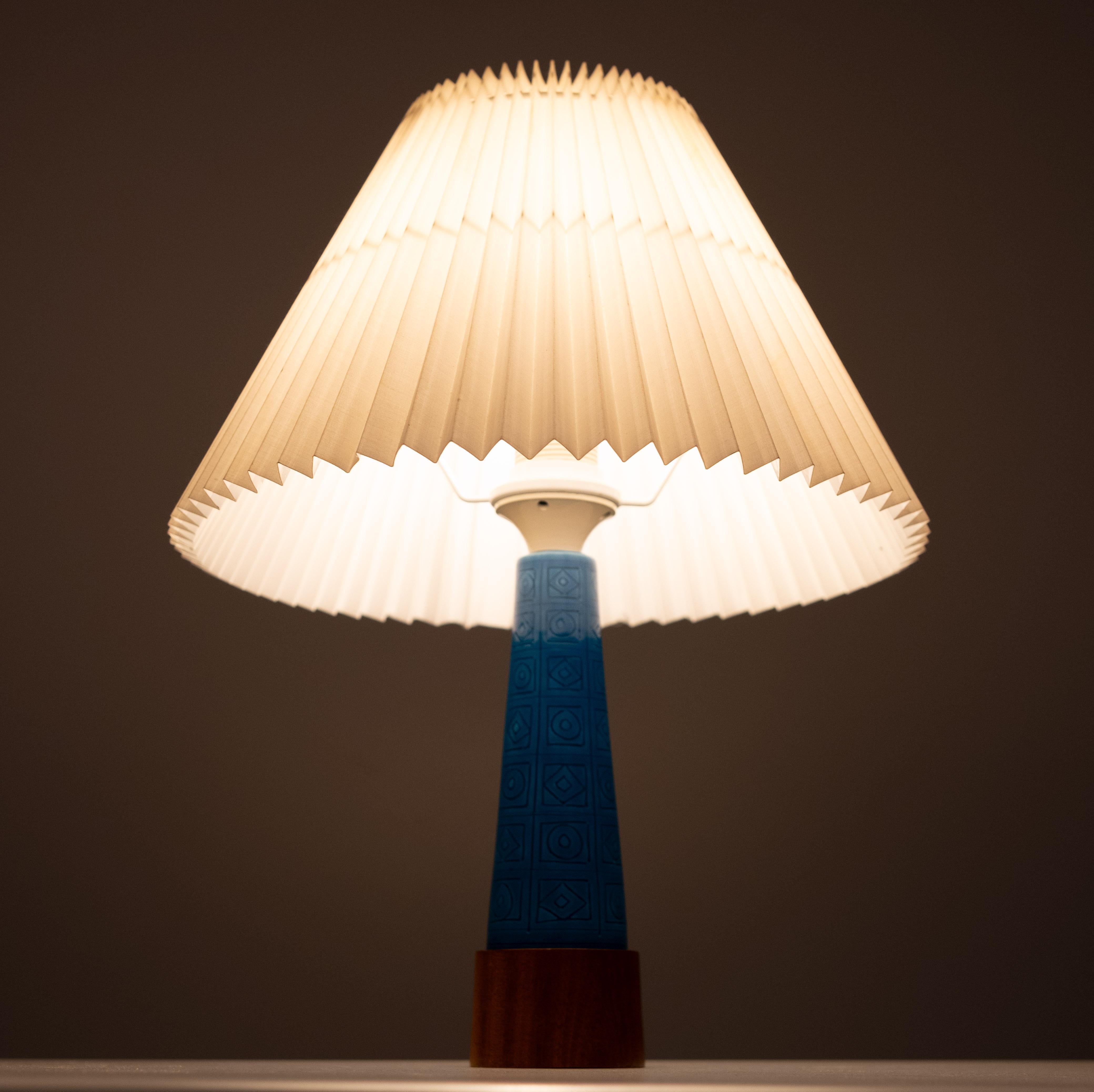 Turquoise Stoneware  Table Lamp Teak base  1960s For Sale 3