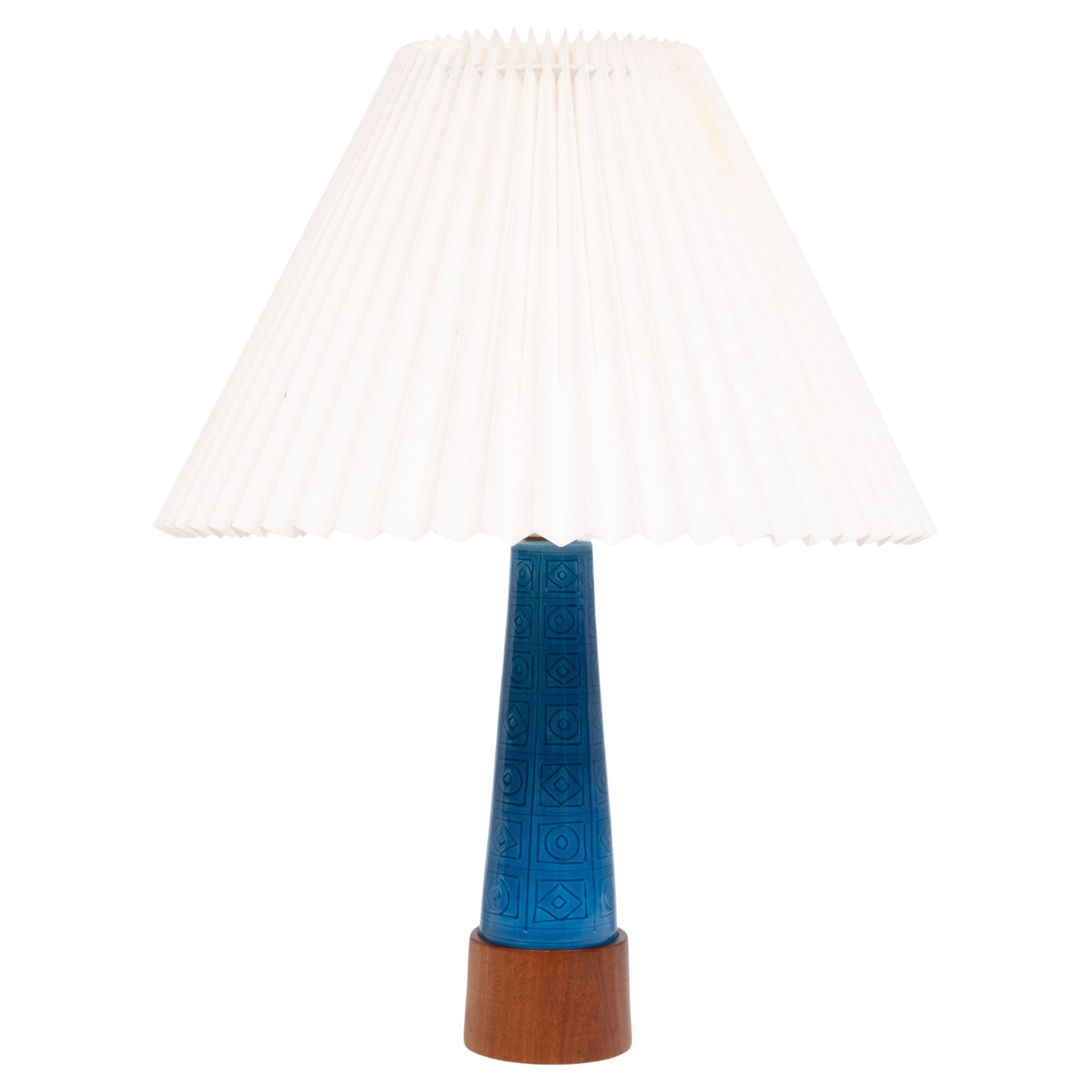 Turquoise Stoneware  Table Lamp Teak base  1960s For Sale