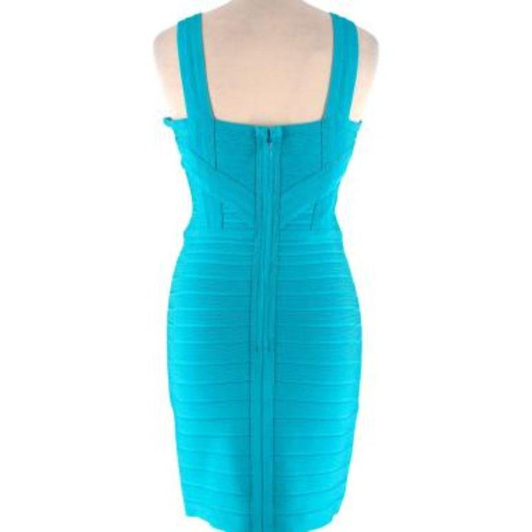 Herve Leger Turquoise stretch-knit bandage dress
 
 - Iconic bandage dress in a vivid turquoise hue 
 - Thick strap, square neck
 - Form-fitting, with supportive fabric 
 - Back zip 
 
 Materials:
 90% Rayon
 9% Nylon
 1% Spandex 
 
 Made in China 
