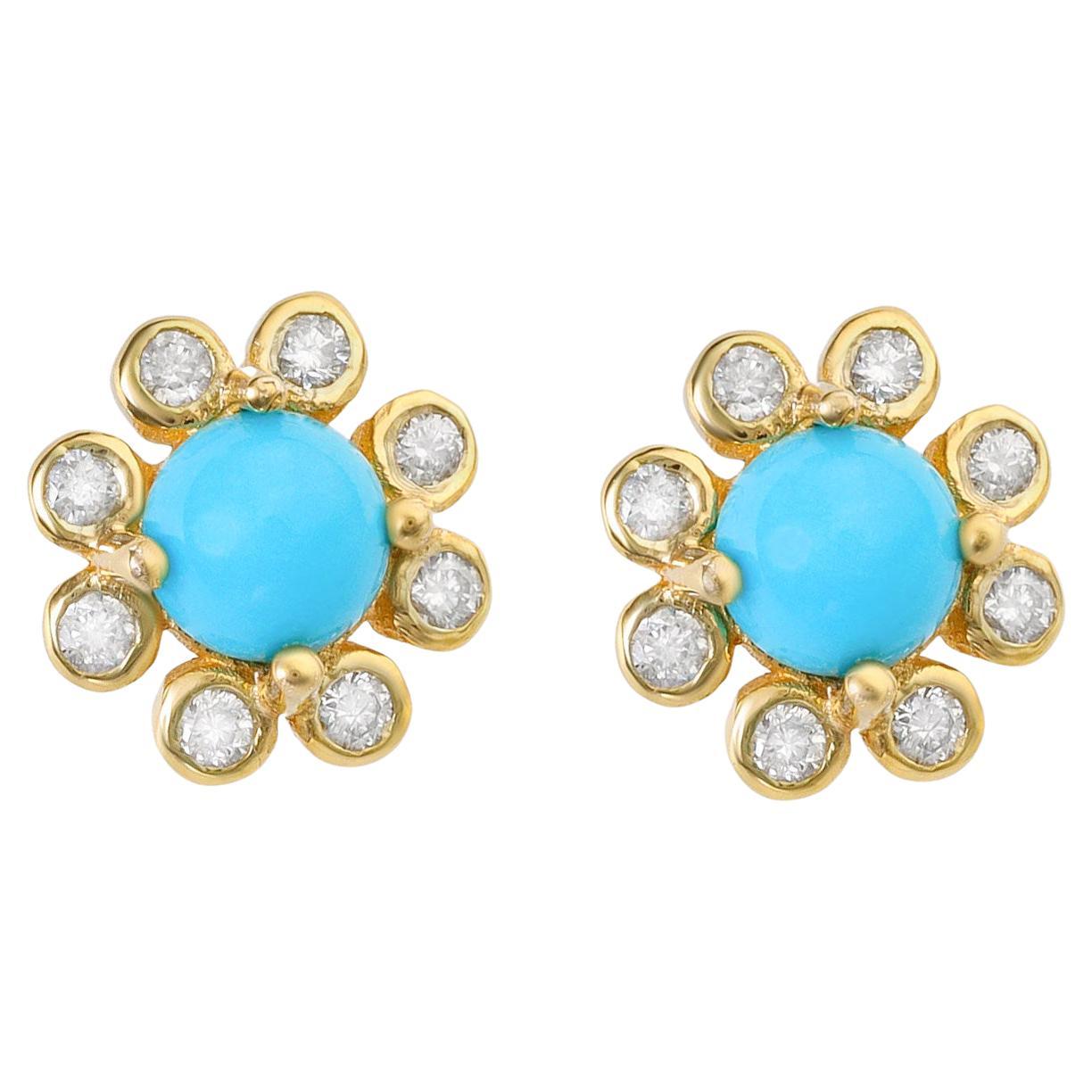 Turquoise Stud Earrings Diamonds 0.72 Carats 18K Yellow Gold For Sale