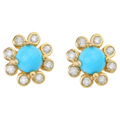 Clous d'oreilles en or jaune 18 carats avec turquoise et diamants de 0,72 carat