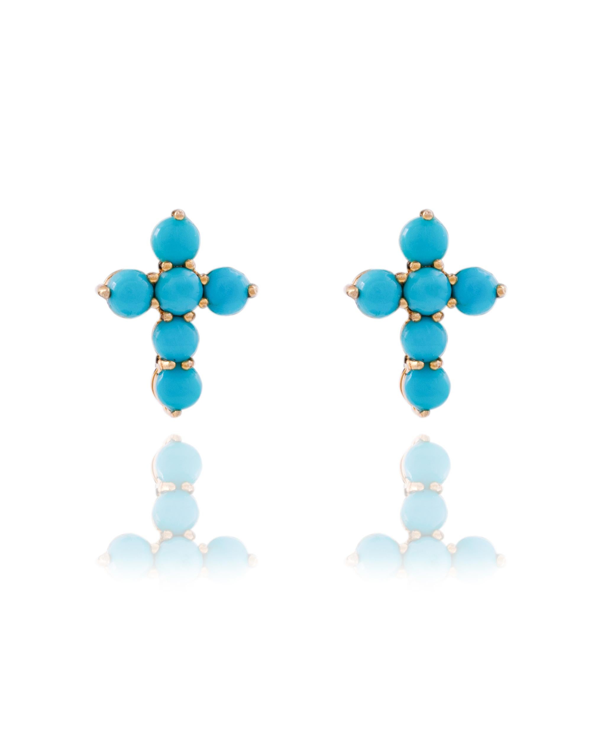 Brilliant Cut Turquoise Stud Earrings in 14k Gold For Sale