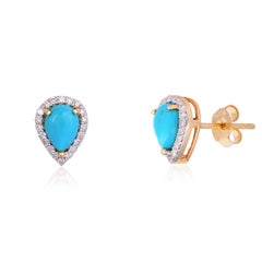 Natural 1.48cts Turquoise & 0.22cts Diamond Stud Earrings in 14K Gold