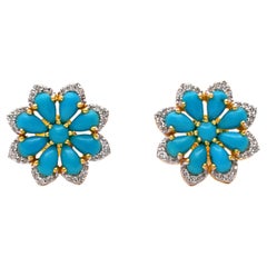 Natural 3.59cts Turquoise & 0.35cts Diamond Stud Earrings in 14k Gold