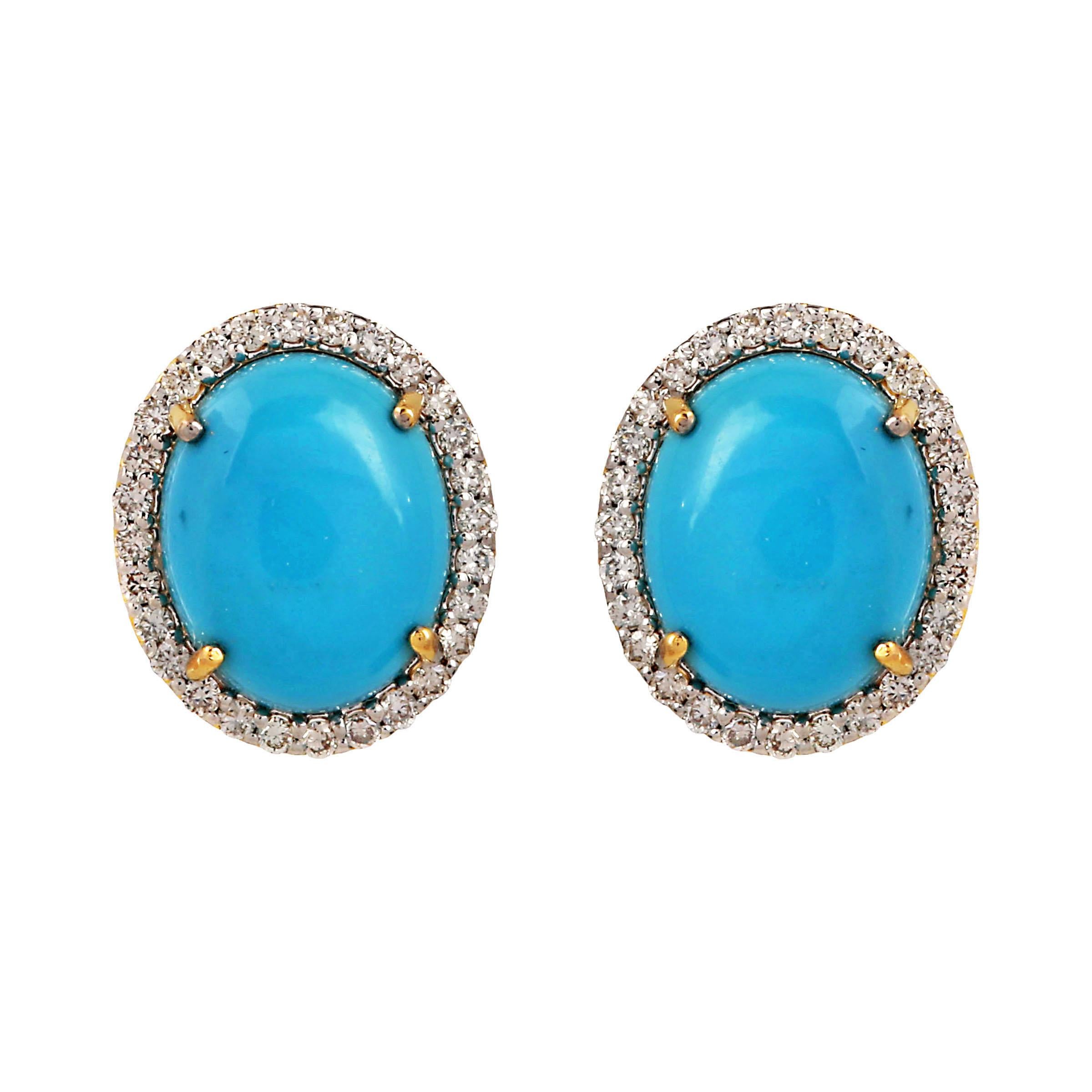 These earrings are made with beautiful, uncut turquoise and diamonds. The diamonds are pave set in 14K yellow gold. These earrings are simple and elegant and would be perfect everyday jewelry bringing shine to the wearer with their feminine