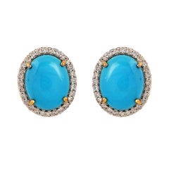 Natural 3.96cts Turquoise & 0.35cts Diamond Stud Earrings in 14k Gold