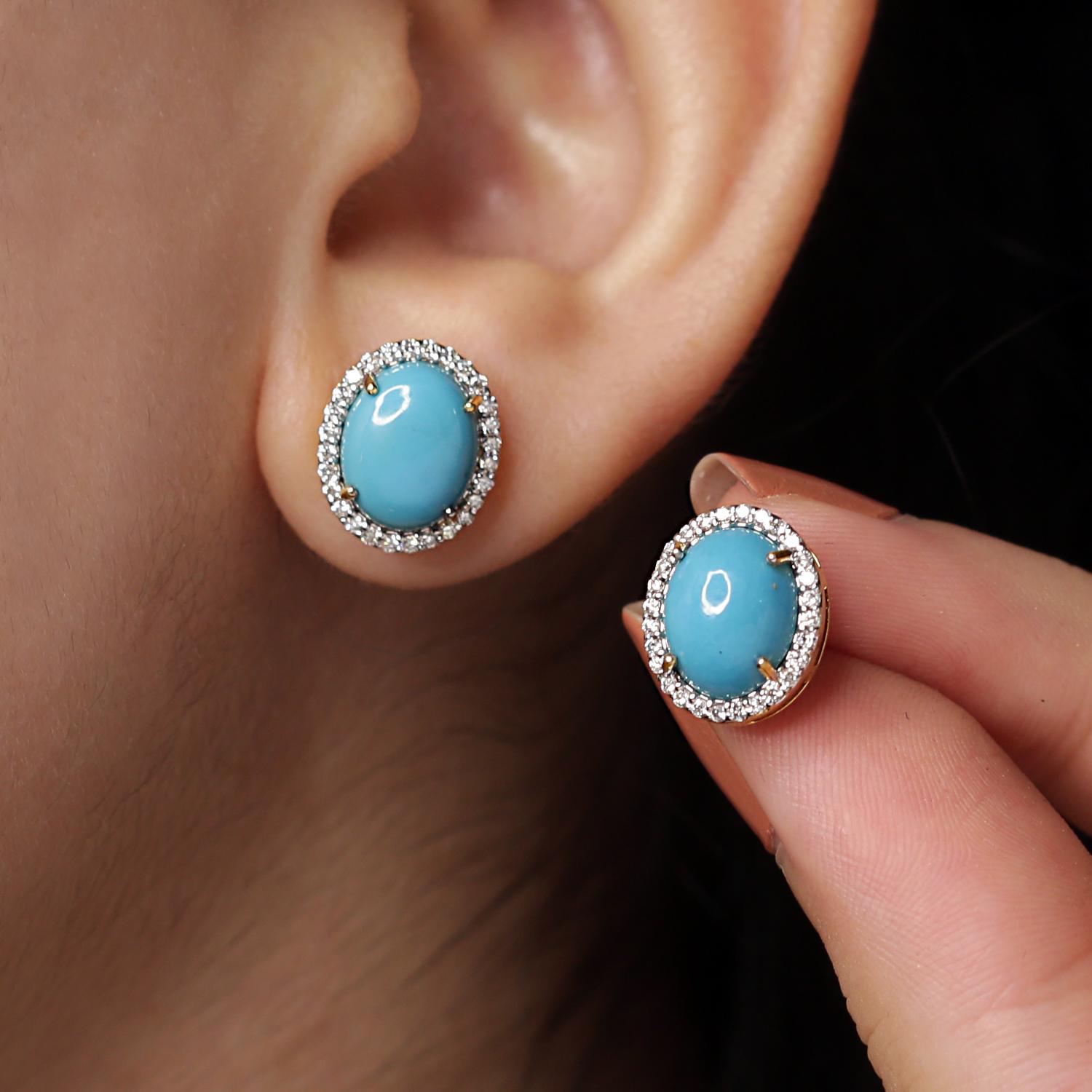 Art Deco Turquoise Stud Earrings with Diamond in 14k Gold For Sale