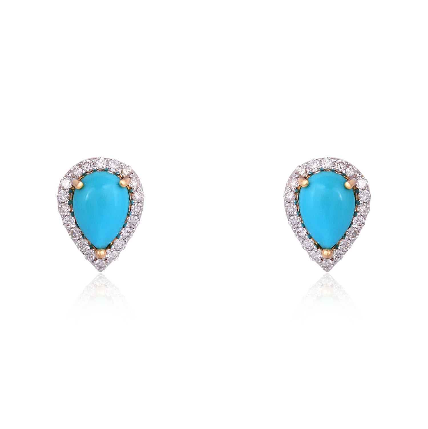 Art Deco Turquoise Stud Earrings With Diamond in 14Karat Gold For Sale
