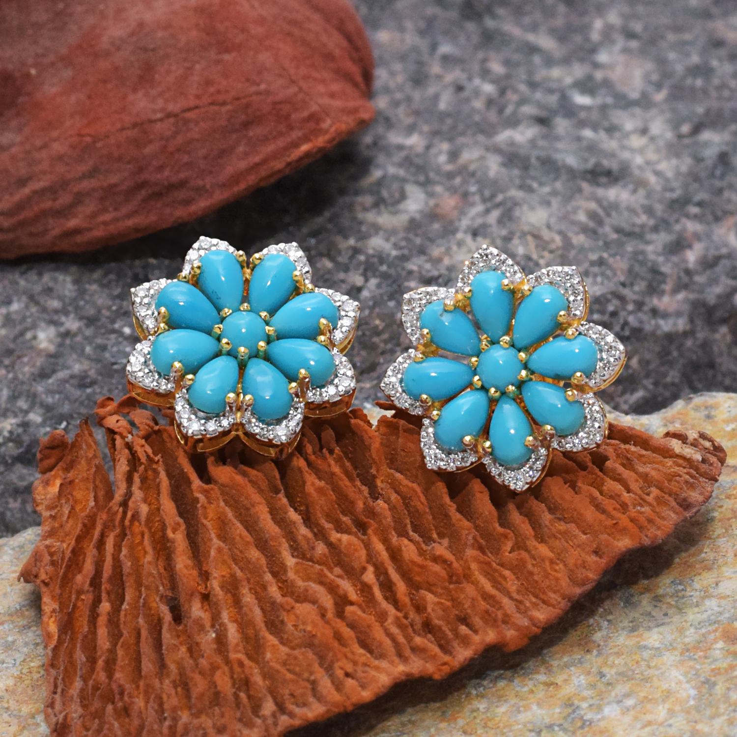 Art Deco Turquoise Stud Earrings with Diamond in 14k Gold For Sale