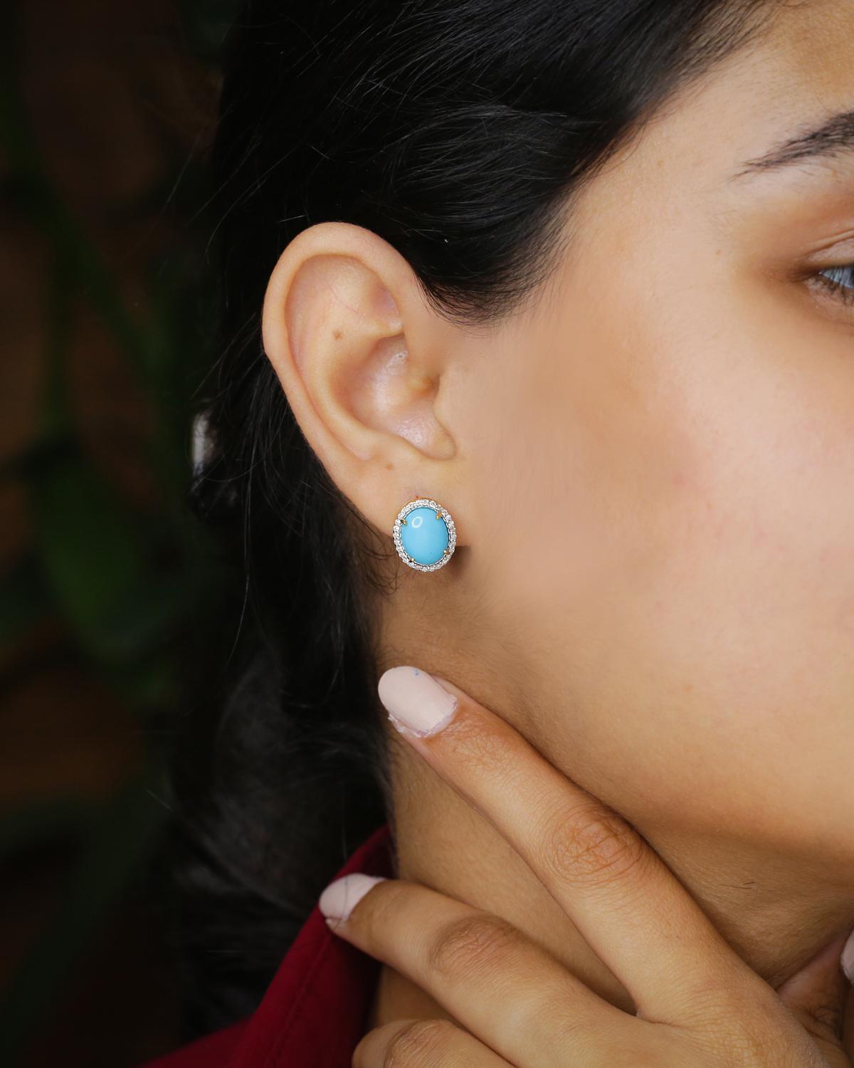 Brilliant Cut Turquoise Stud Earrings with Diamond in 14k Gold For Sale