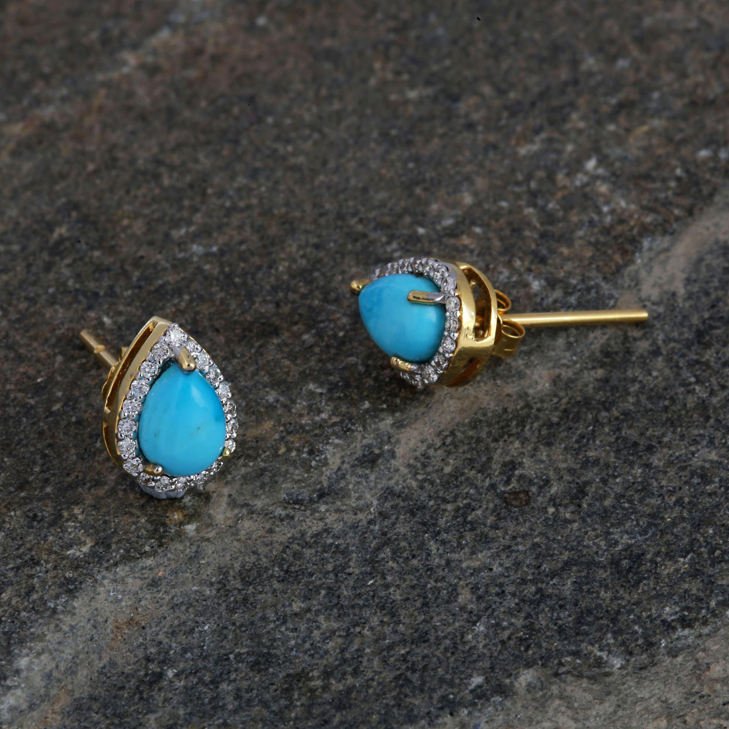 Brilliant Cut Turquoise Stud Earrings With Diamond in 14Karat Gold For Sale