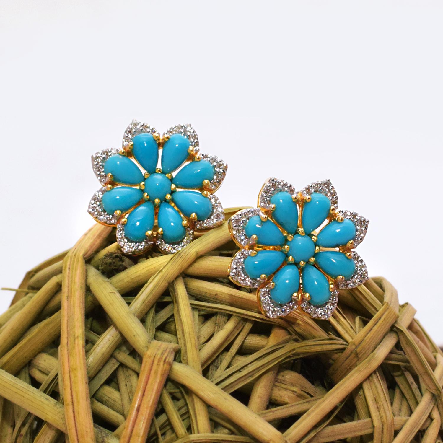 Brilliant Cut Turquoise Stud Earrings with Diamond in 14k Gold For Sale