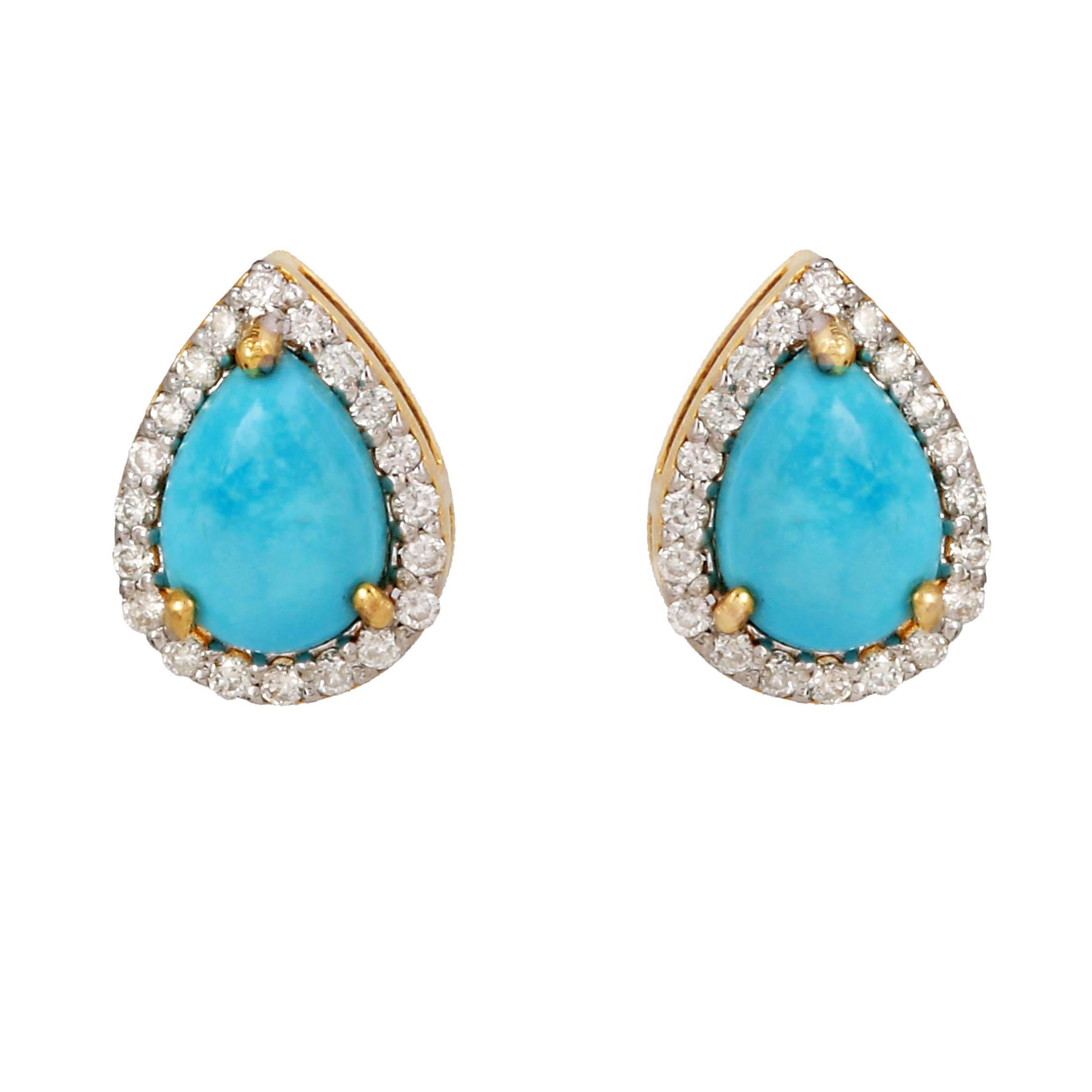 Turquoise Stud Earrings With Diamond in 14Karat Gold In New Condition For Sale In jaipur, IN