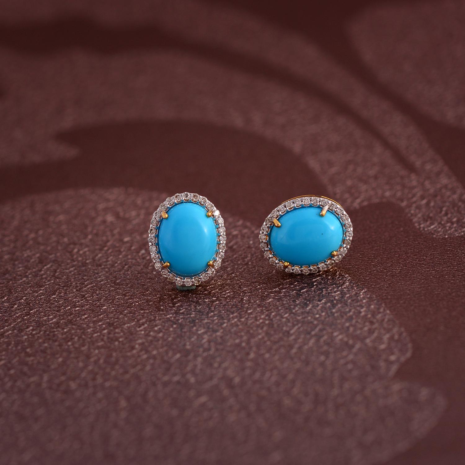 Women's or Men's Turquoise Stud Earrings with Diamond in 14k Gold For Sale