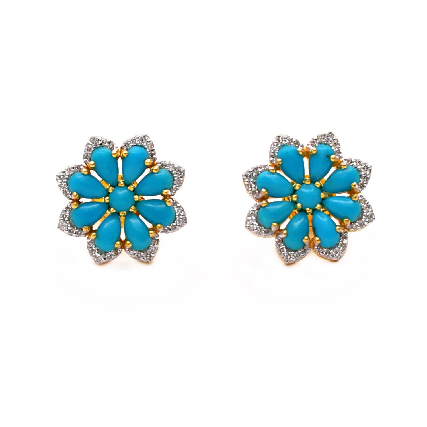 Women's or Men's Turquoise Stud Earrings with Diamond in 14k Gold For Sale