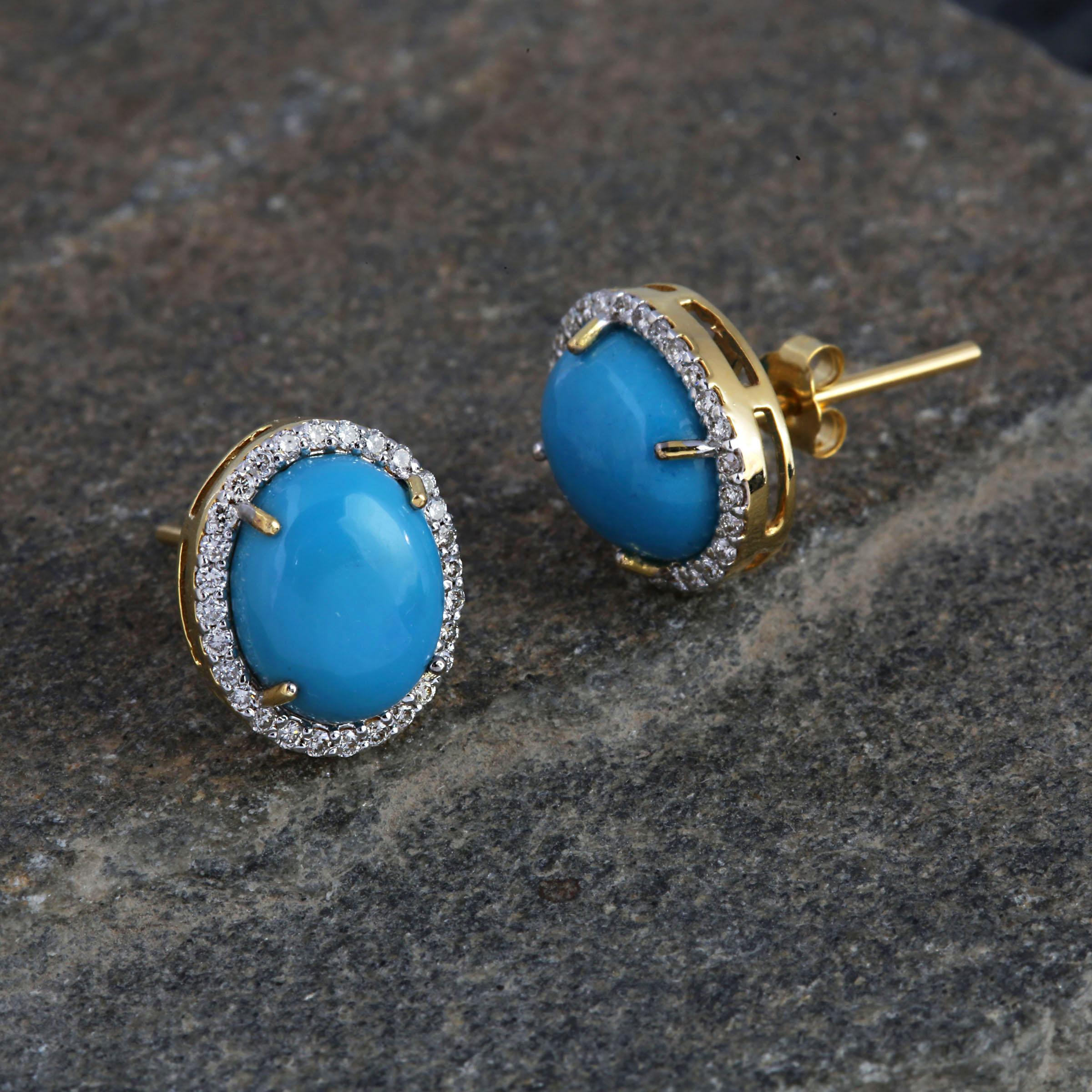 Turquoise Stud Earrings with Diamond in 14k Gold For Sale 1