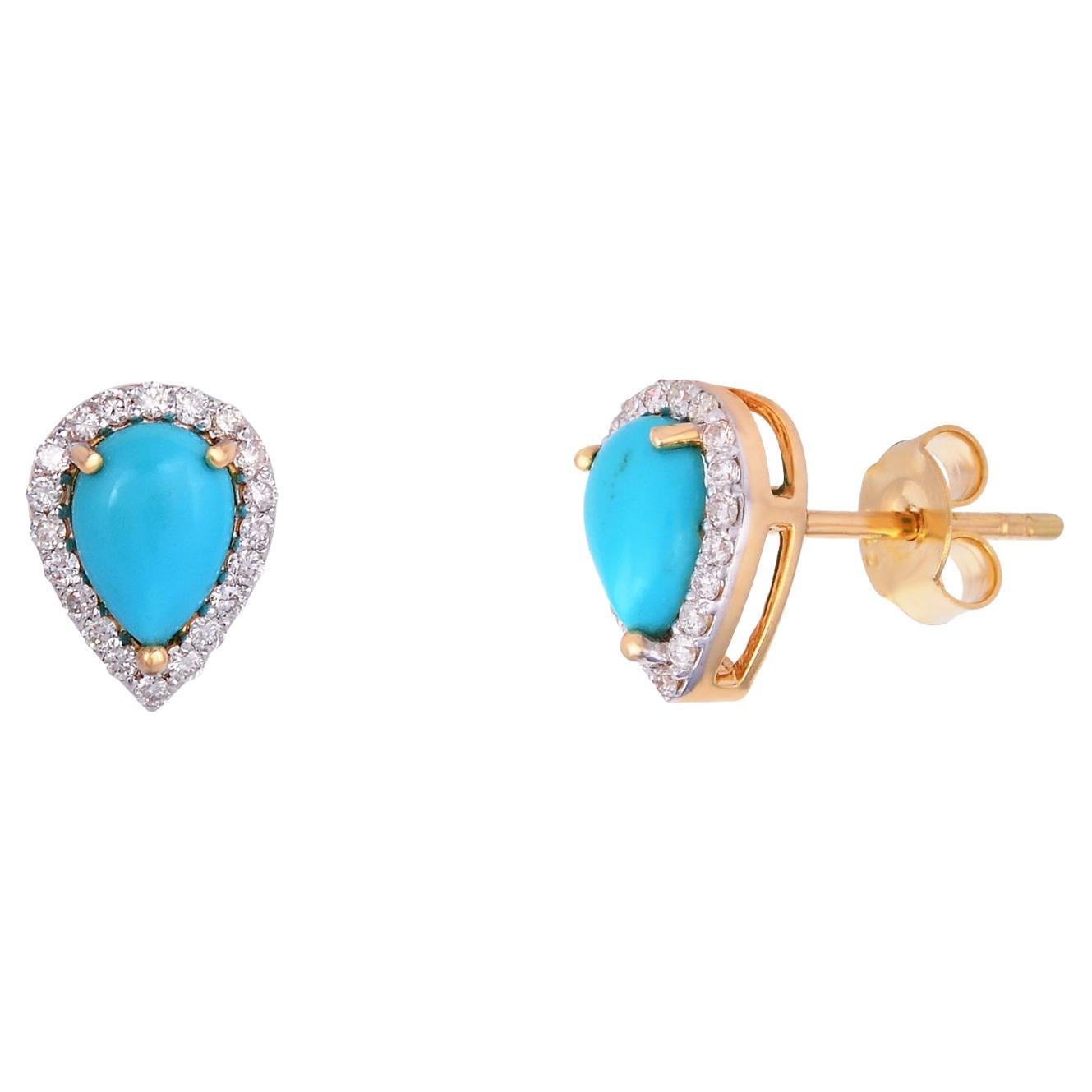 Turquoise Stud Earrings With Diamond in 14Karat Gold For Sale
