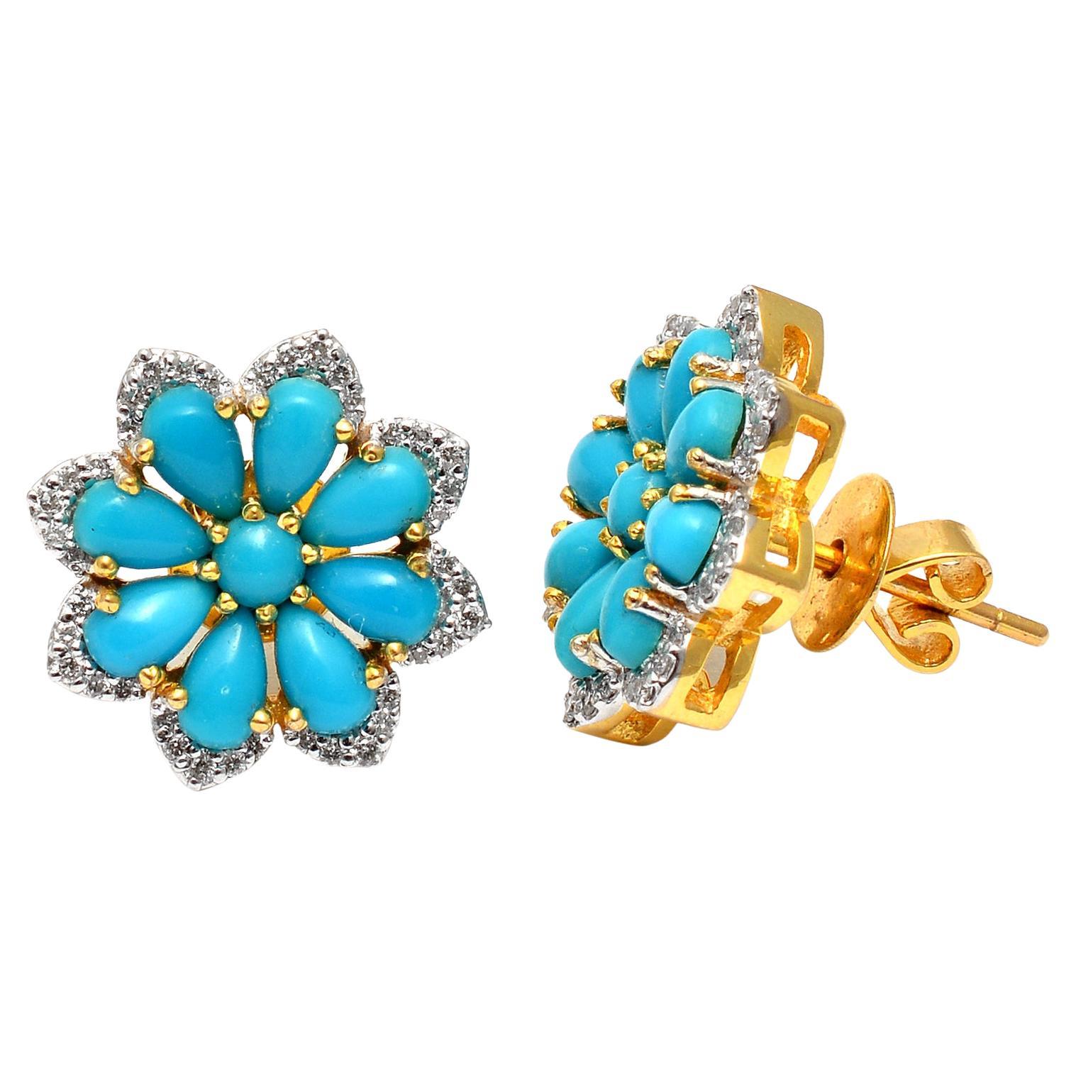 Turquoise Stud Earrings with Diamond in 14k Gold For Sale at 1stDibs