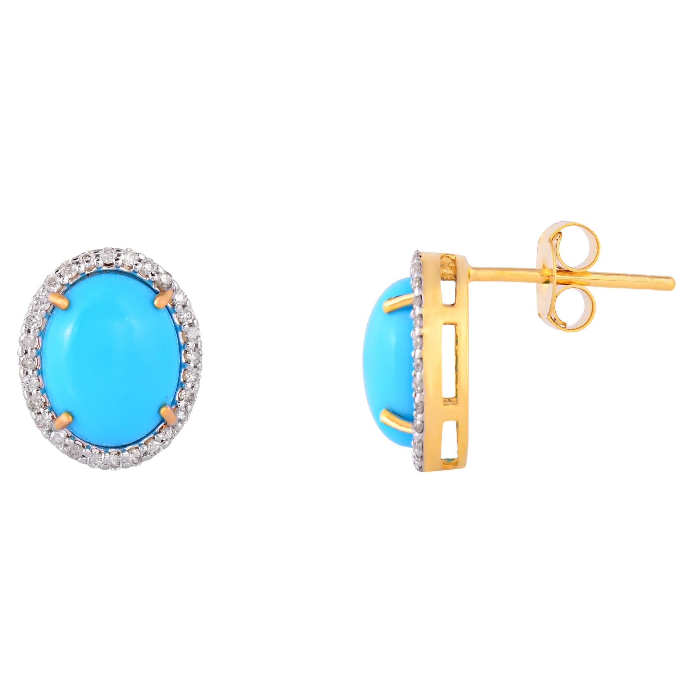 Turquoise Stud Earrings with Diamond in 14k Gold For Sale