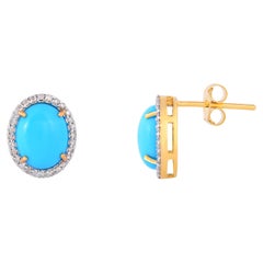 Turquoise Stud Earrings with Diamond in 14k Gold