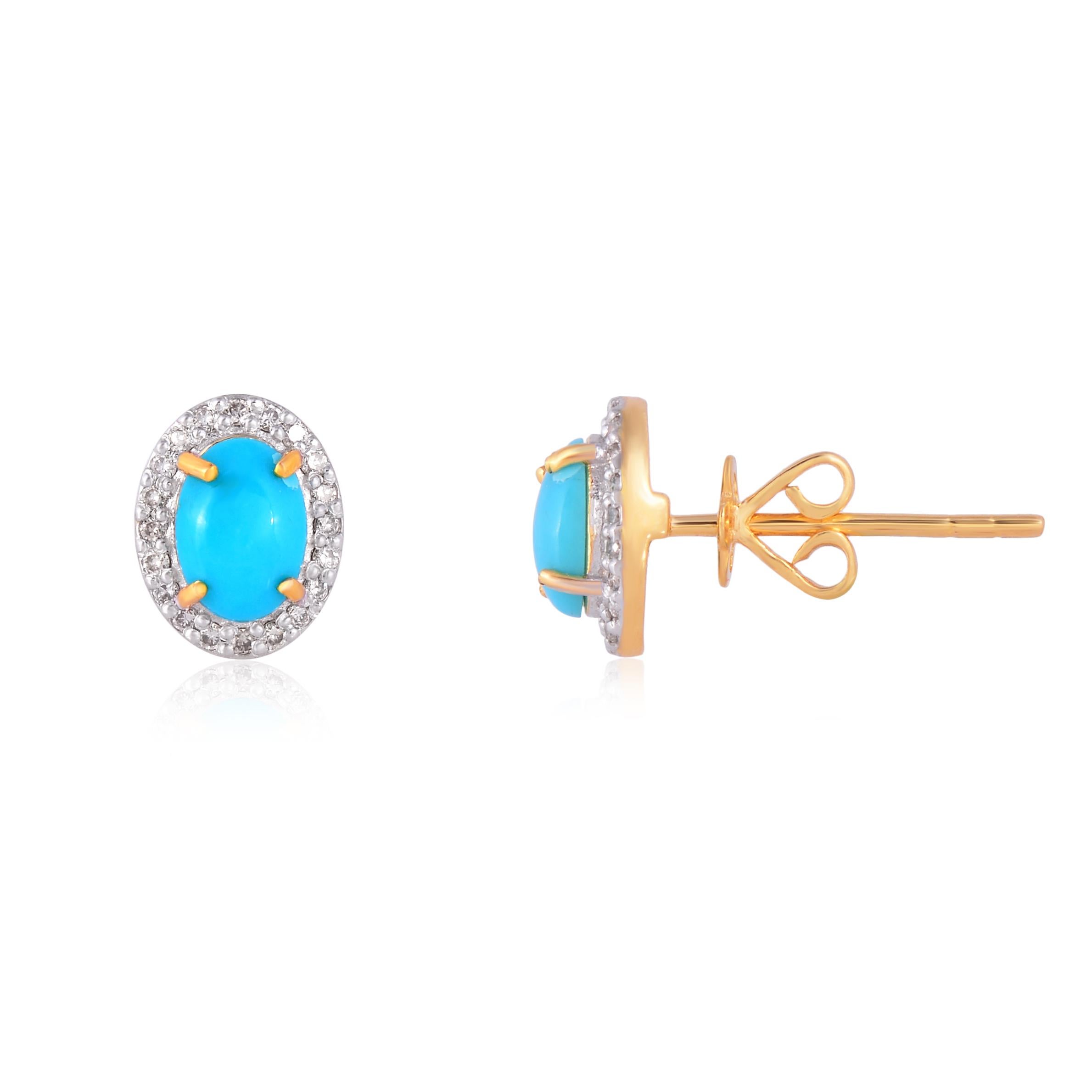 These are Beautiful 18K Gold Stud Earrings with high-quality diamond and turquoise.
Specifications:- 
Gross Weight: 3.00 grams
Gold Weight: 2.642 grams
Turquoise Weight: 1.2 Cts
Diamond Weight:  0.22 Cts
Dimensions : 10 x 8 mm
SKU : 