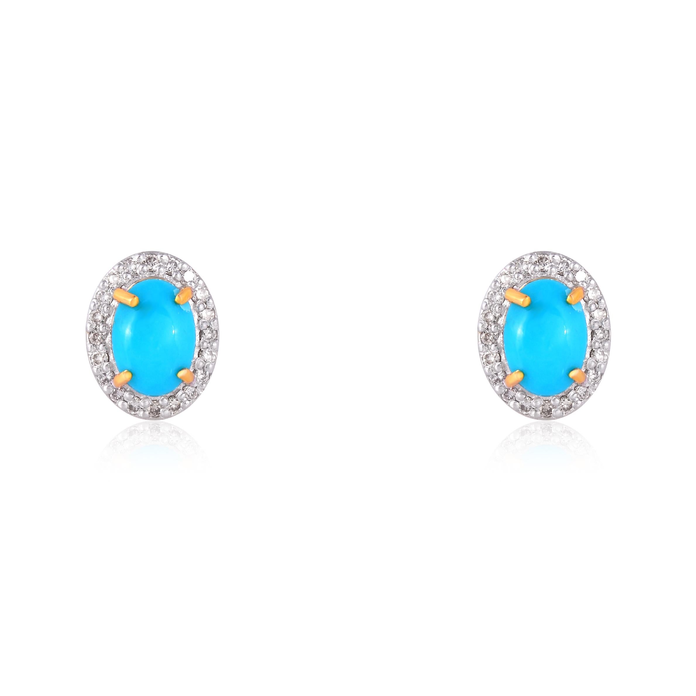 Art Deco Turquoise Stud Earrings with Diamond in 18k Gold For Sale