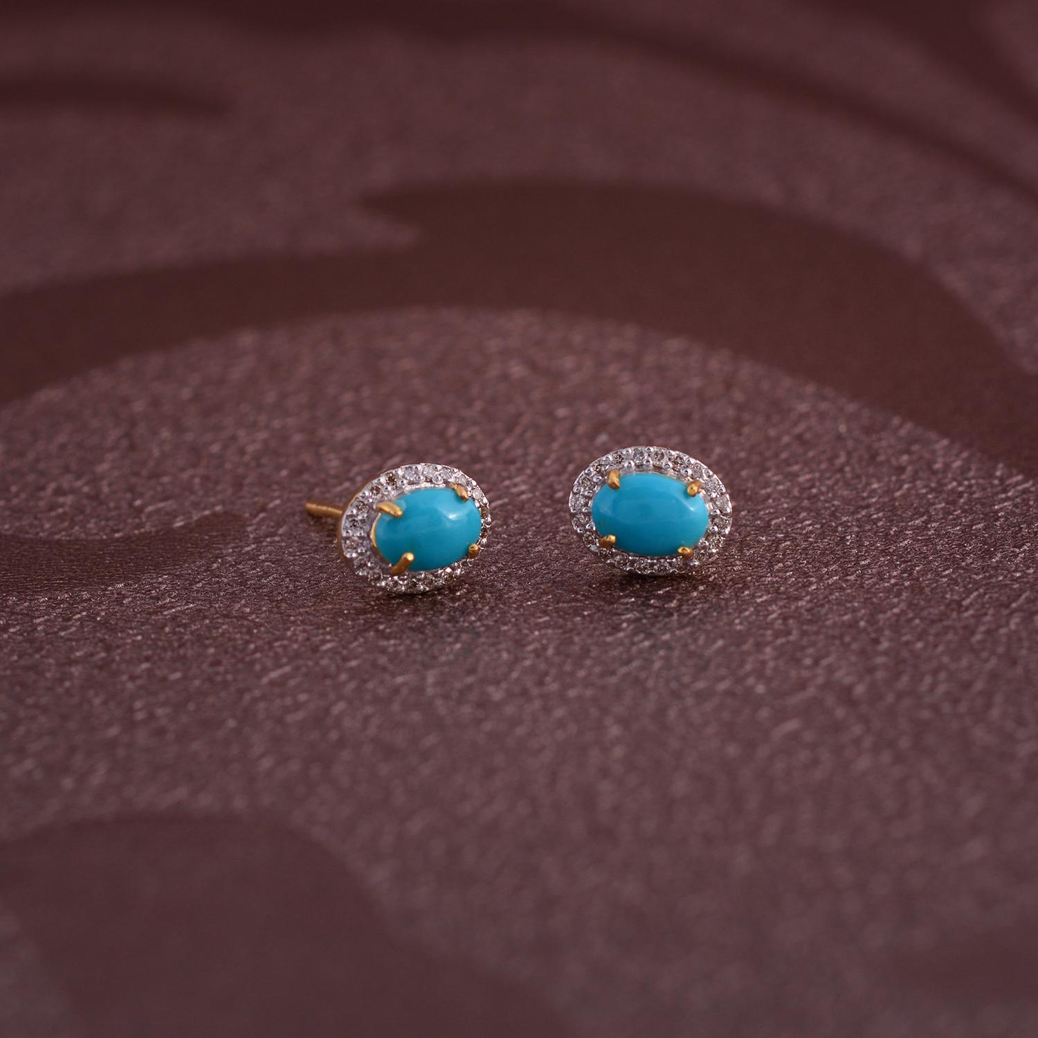 Brilliant Cut Turquoise Stud Earrings with Diamond in 18k Gold For Sale