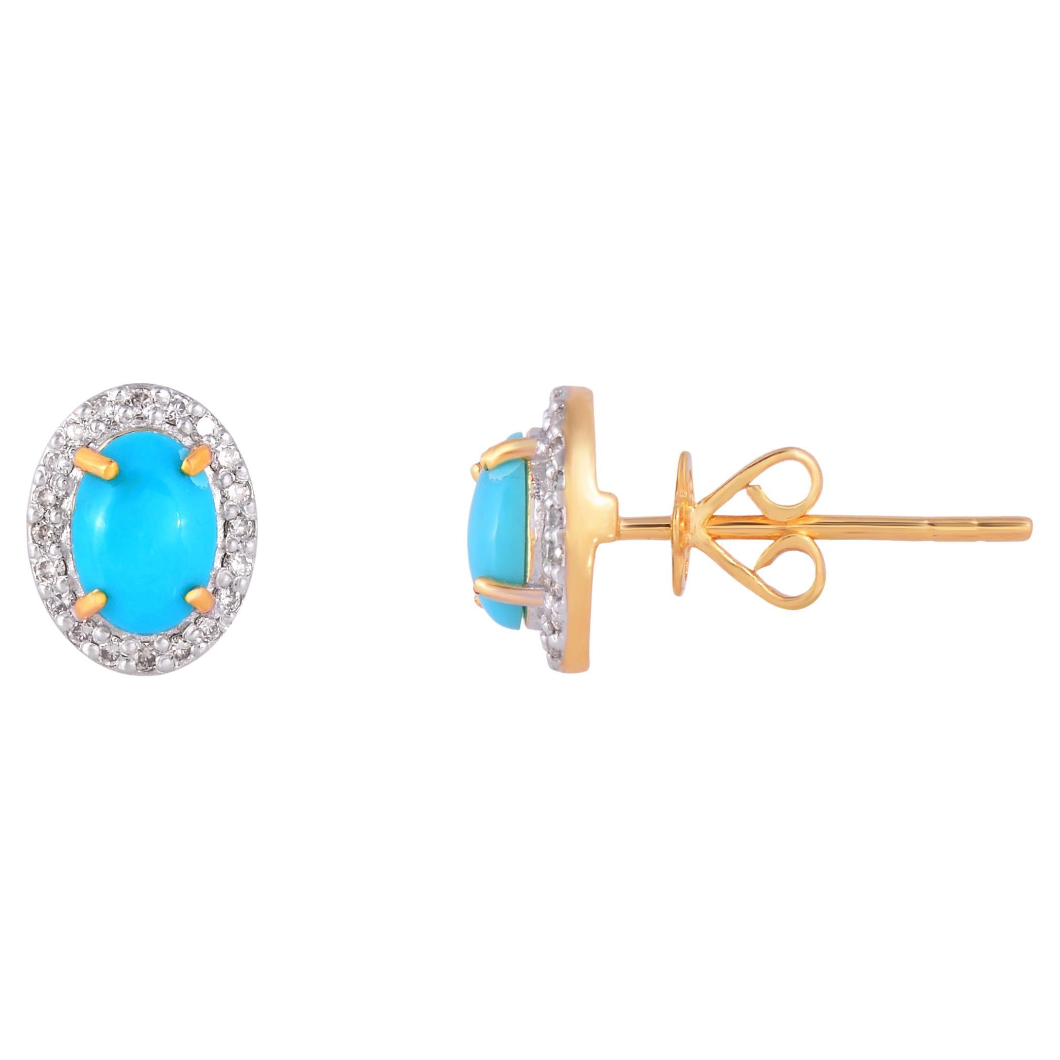 Turquoise Stud Earrings with Diamond in 18k Gold For Sale