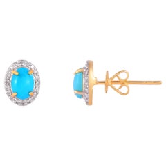Turquoise Stud Earrings with Diamond in 18k Gold