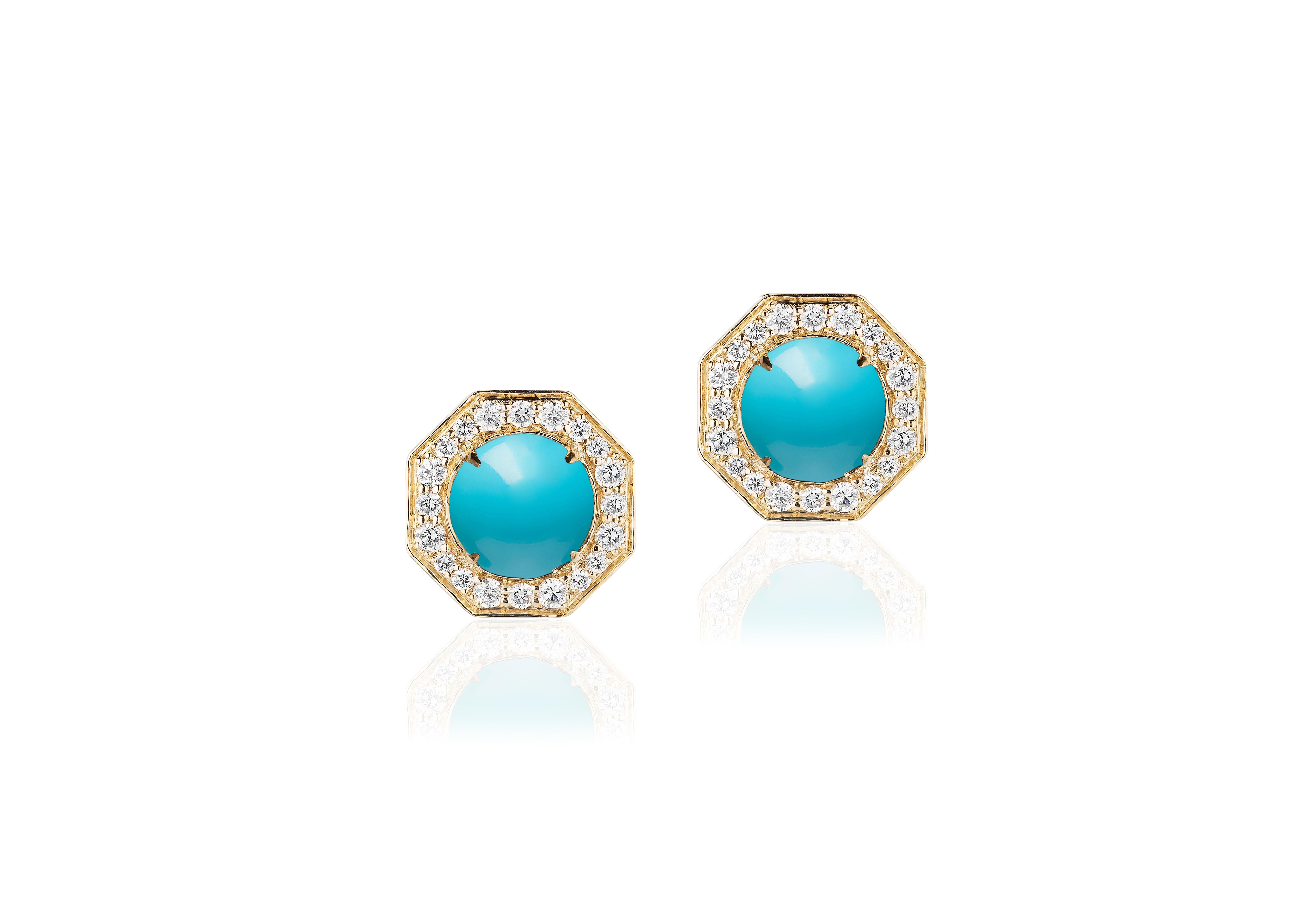 Turquoise Stud Earrings with Diamonds in 18k Yellow Gold, from 'Rock N Roll' Collection

Stone Size: 8 mm

Gemstone Weight: 2.92 Carats

Diamond: G-H / VS, Approx Wt: 0.60 Carats