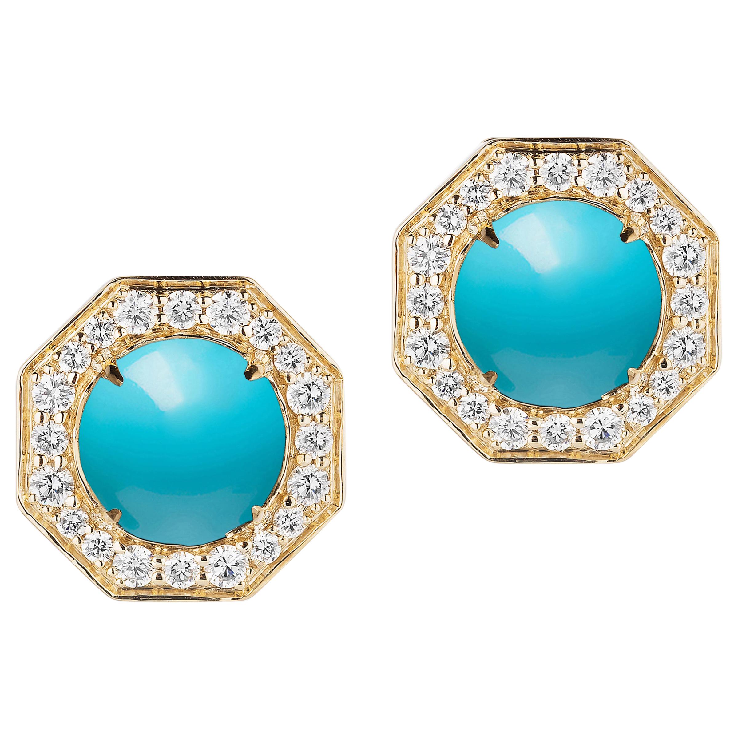 Turquoise and Yellow Diamond Gold Stud Earrings For Sale at 1stDibs