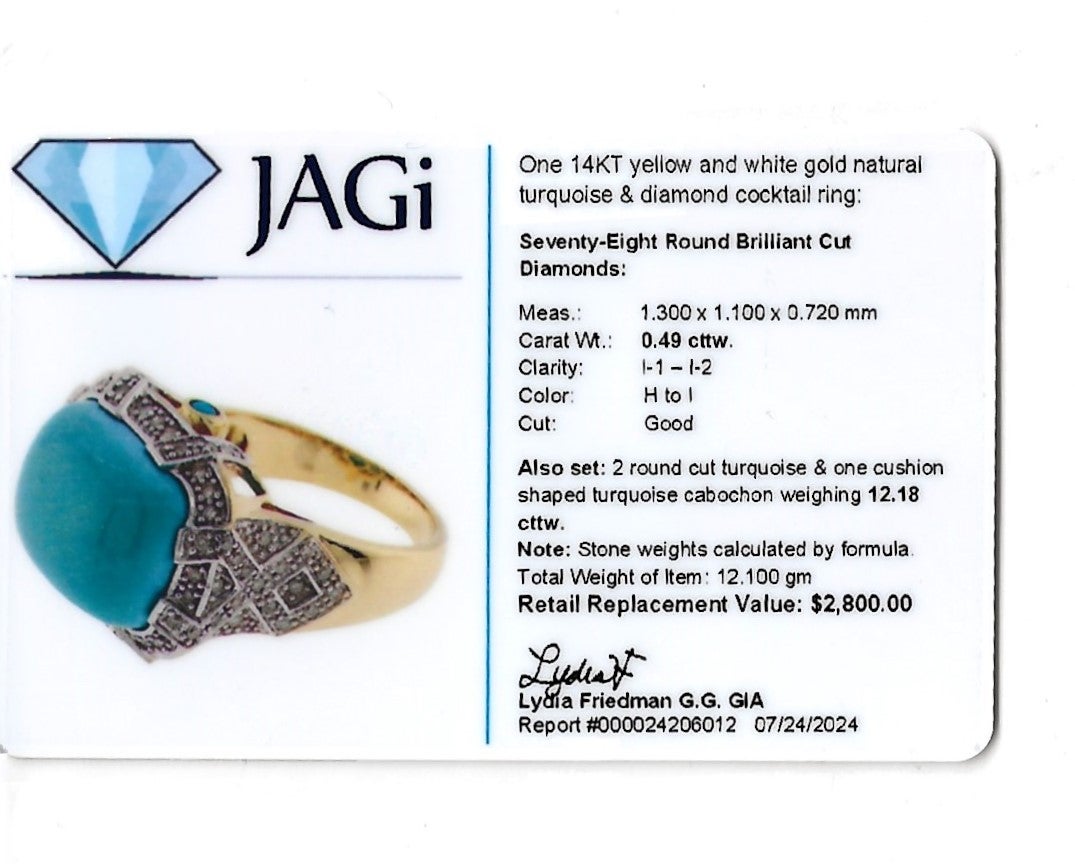 Turquoise Sugarloaf Cabochon Cocktail Ring with Diamonds in 14 Karat Gold For Sale 8