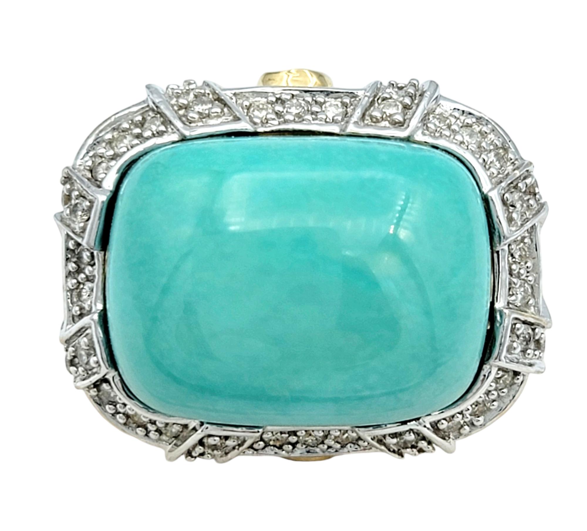 Ring Size: 8 

Indulge in vibrant luxury with this striking cocktail ring, a showstopper that exudes elegance and charm. At its heart, a captivating sugarloaf cabochon turquoise radiates a vivid hue, its smooth, rounded surface offering a timeless