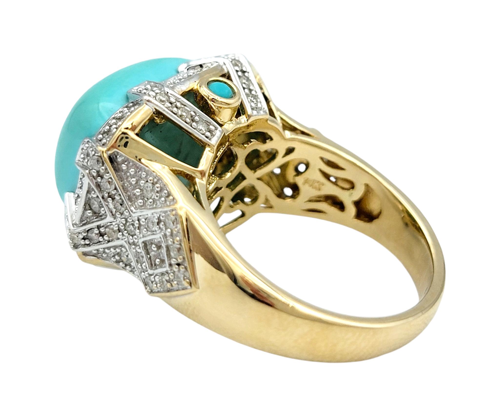 Turquoise Sugarloaf Cabochon Cocktail Ring with Diamonds in 14 Karat Gold For Sale 1