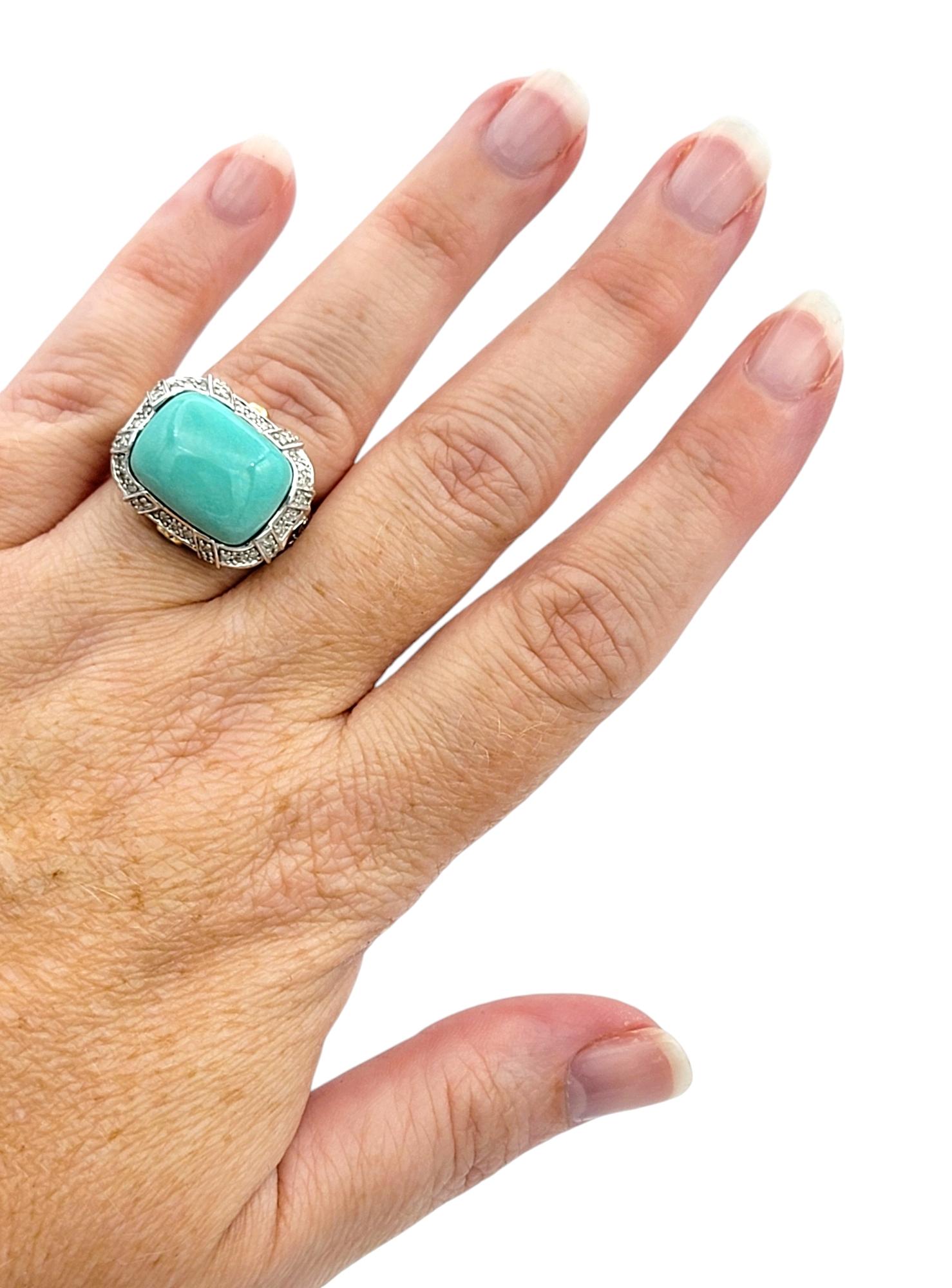 Turquoise Sugarloaf Cabochon Cocktail Ring with Diamonds in 14 Karat Gold For Sale 2