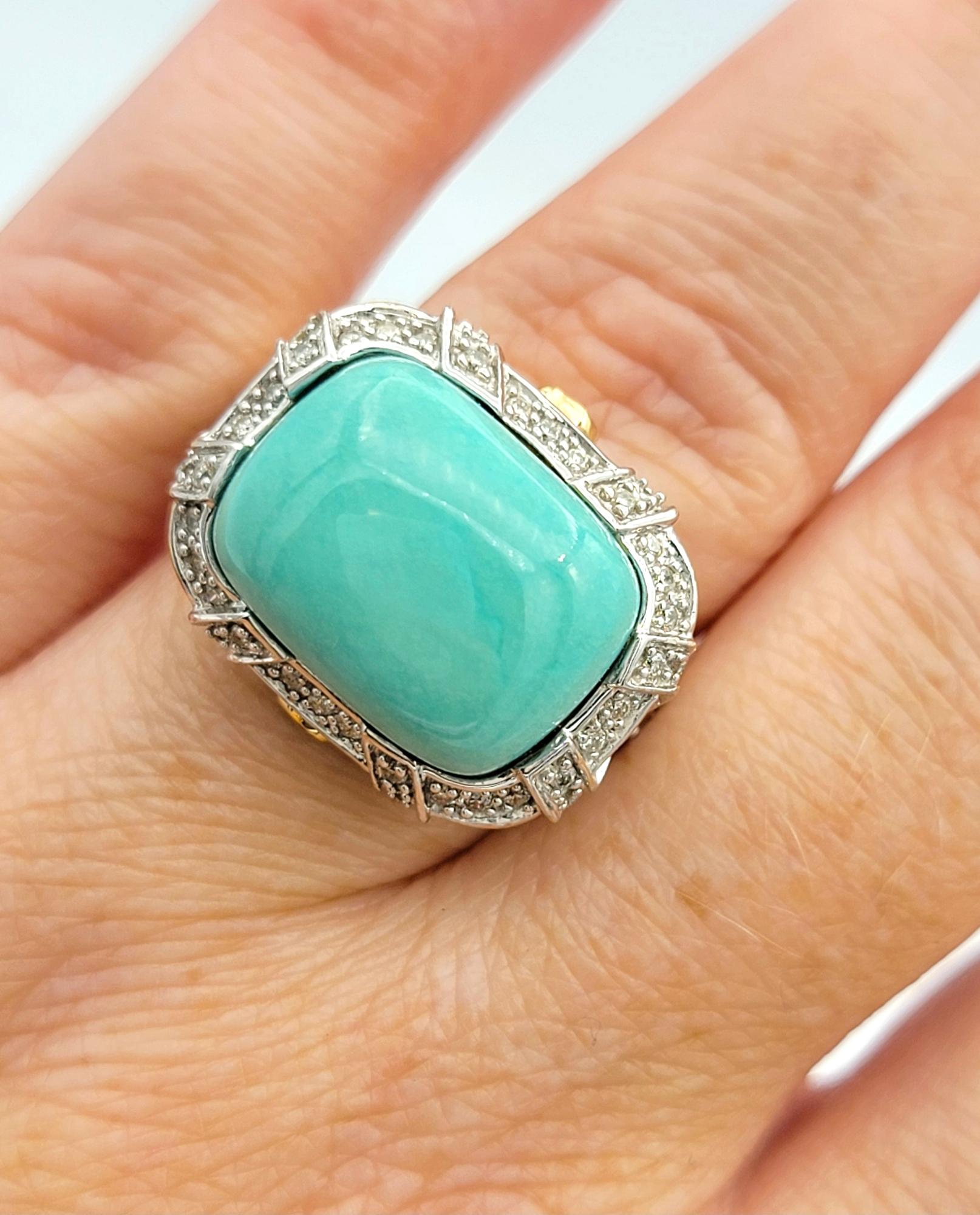 Turquoise Sugarloaf Cabochon Cocktail Ring with Diamonds in 14 Karat Gold For Sale 3