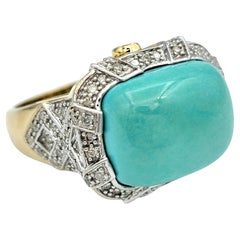 Turquoise Sugarloaf Cabochon Cocktail Ring with Diamonds in 14 Karat Gold