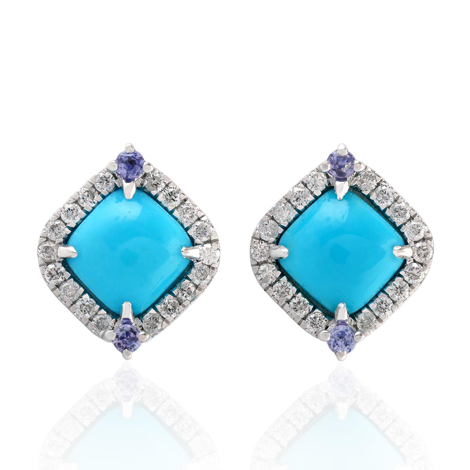 Modern Turquoise Tanzanite Diamond 18 Karat Gold Stud Earrings For Sale