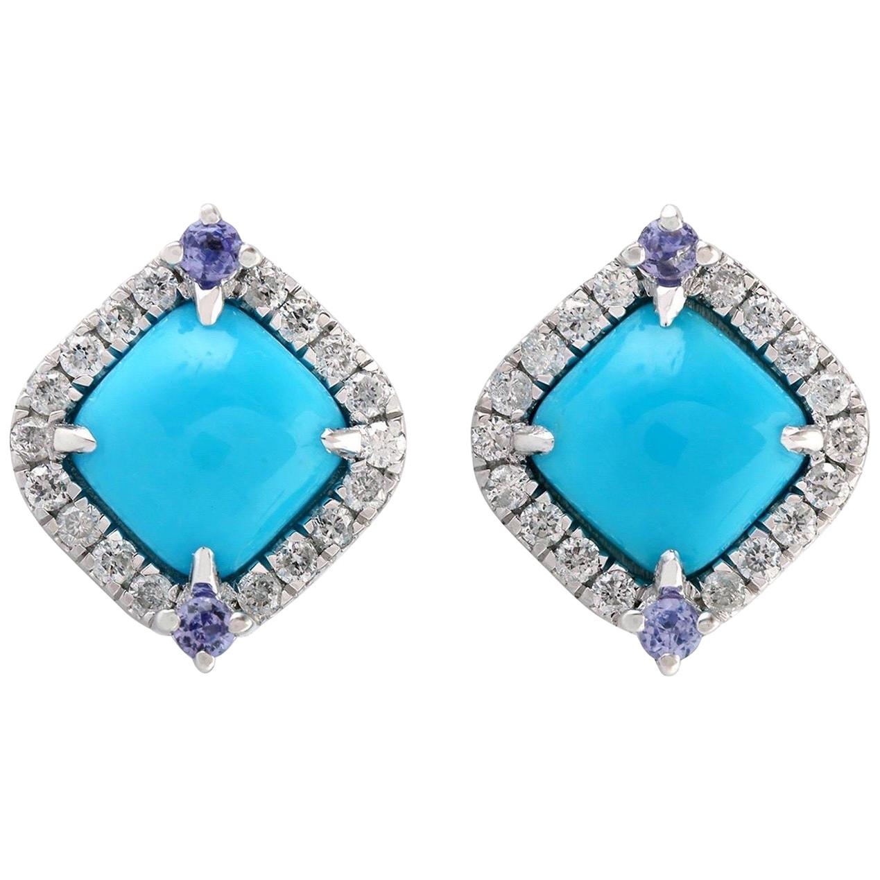 Turquoise Tanzanite Diamond 18 Karat Gold Stud Earrings For Sale