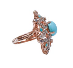 Turquoise, Tanzanite, Diamonds, Rose Gold and Silver Ring.