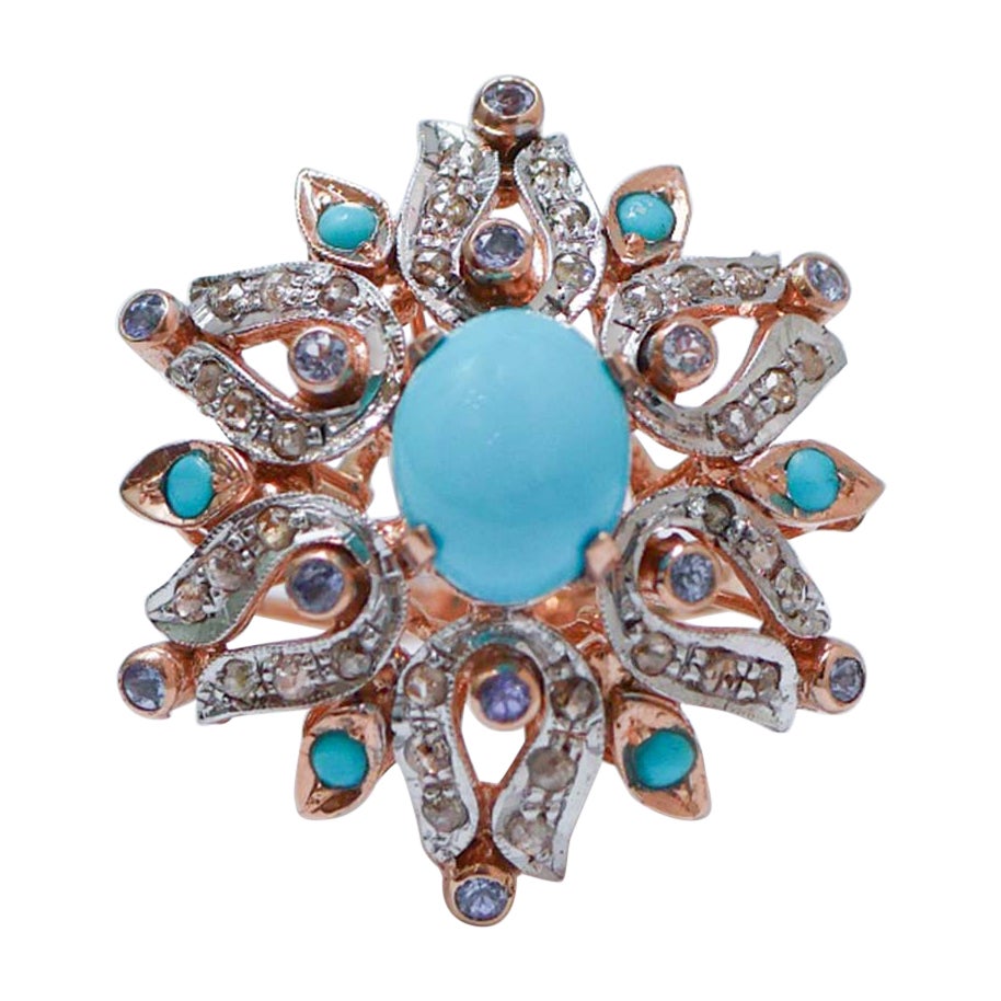 Turquoise, Tanzanite, Diamonds, Rose Gold and Silver Ring.