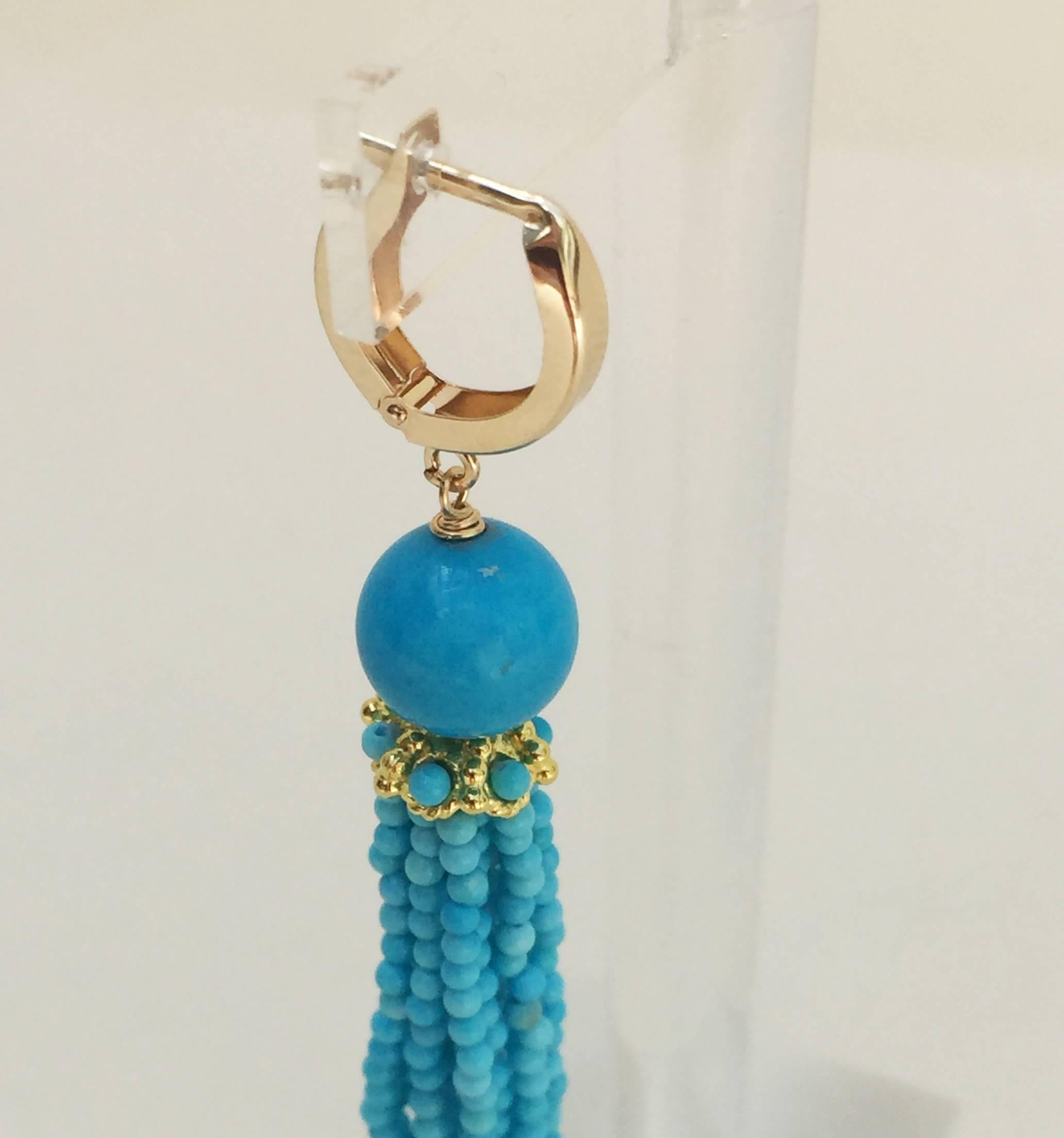 Artist Marina J Turquoise Tassel Earrings with 14 K Gold Cup and Lever Back