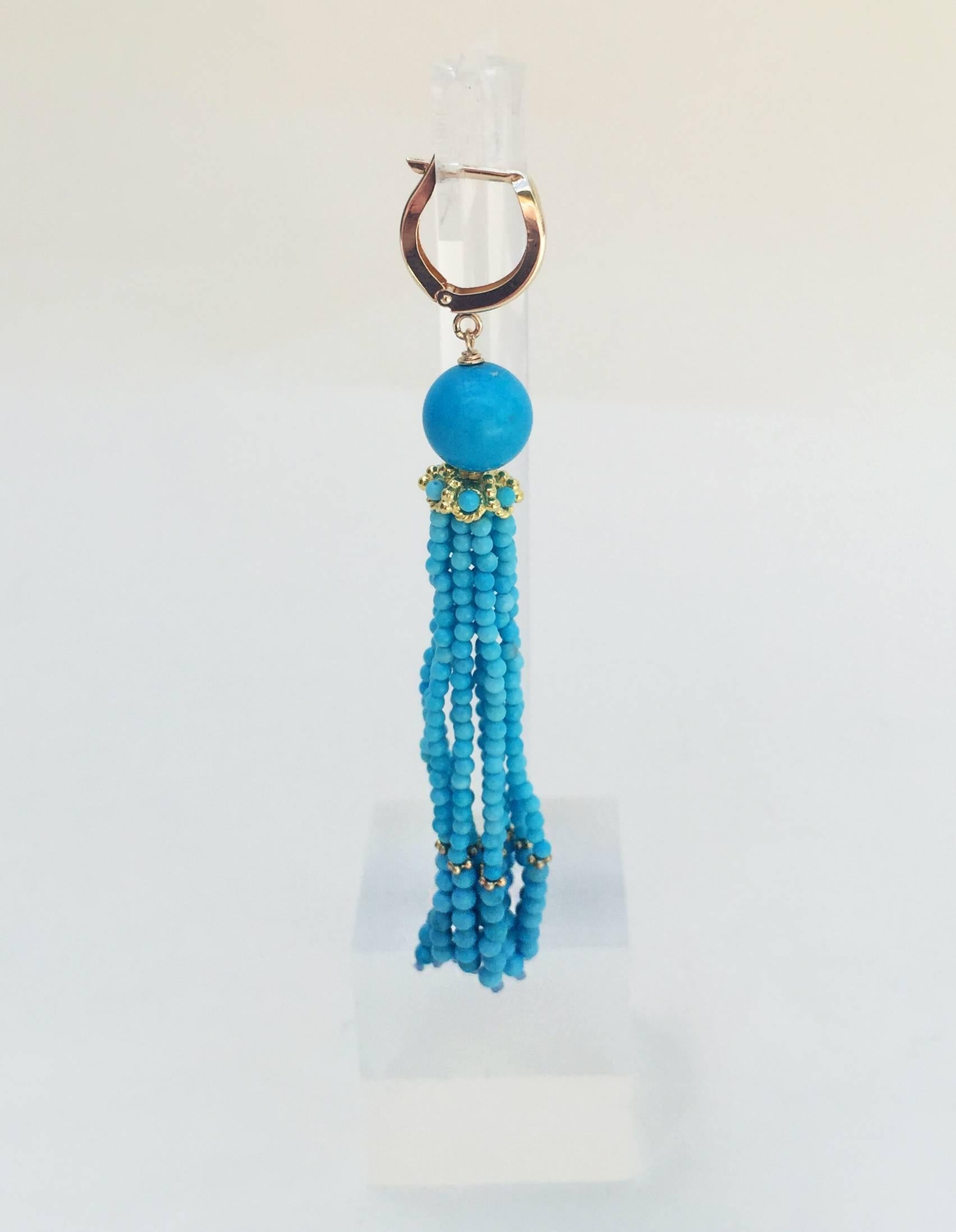 Bead Marina J Turquoise Tassel Earrings with 14 K Gold Cup and Lever Back
