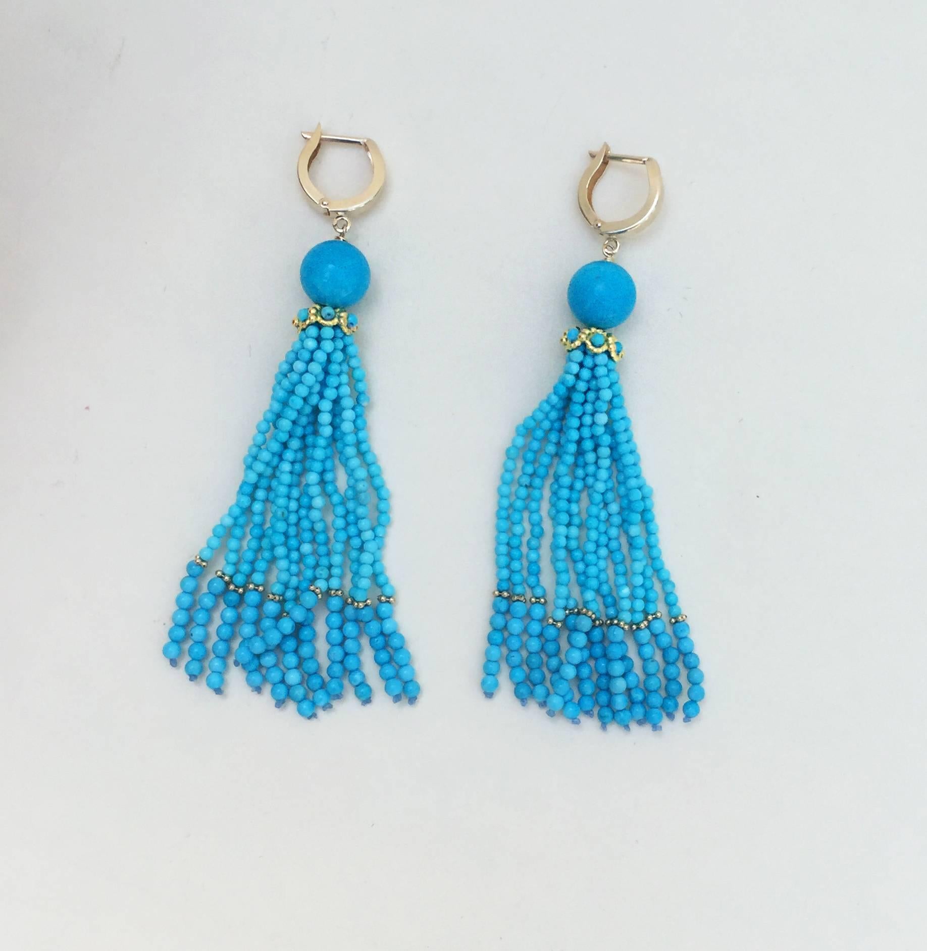 Marina J Turquoise Tassel Earrings with 14 K Gold Cup and Lever Back In New Condition In Los Angeles, CA
