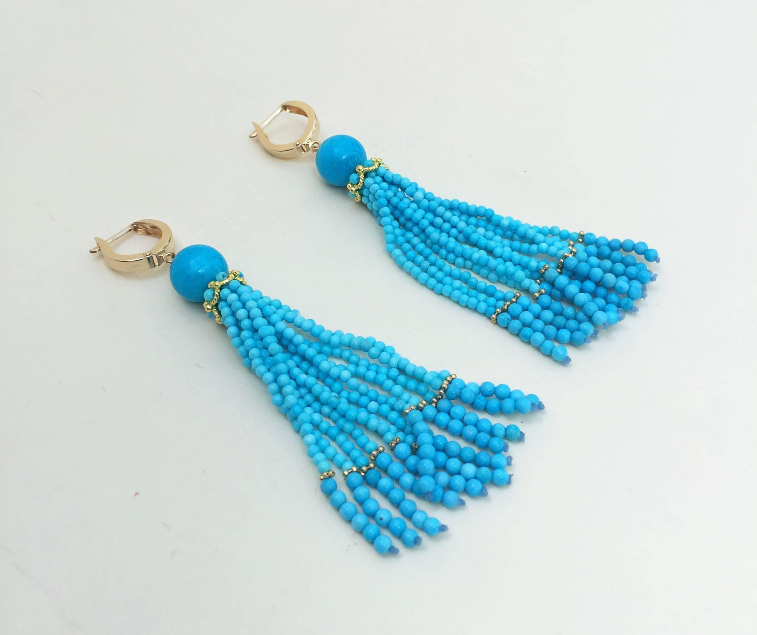 Women's Marina J Turquoise Tassel Earrings with 14 K Gold Cup and Lever Back